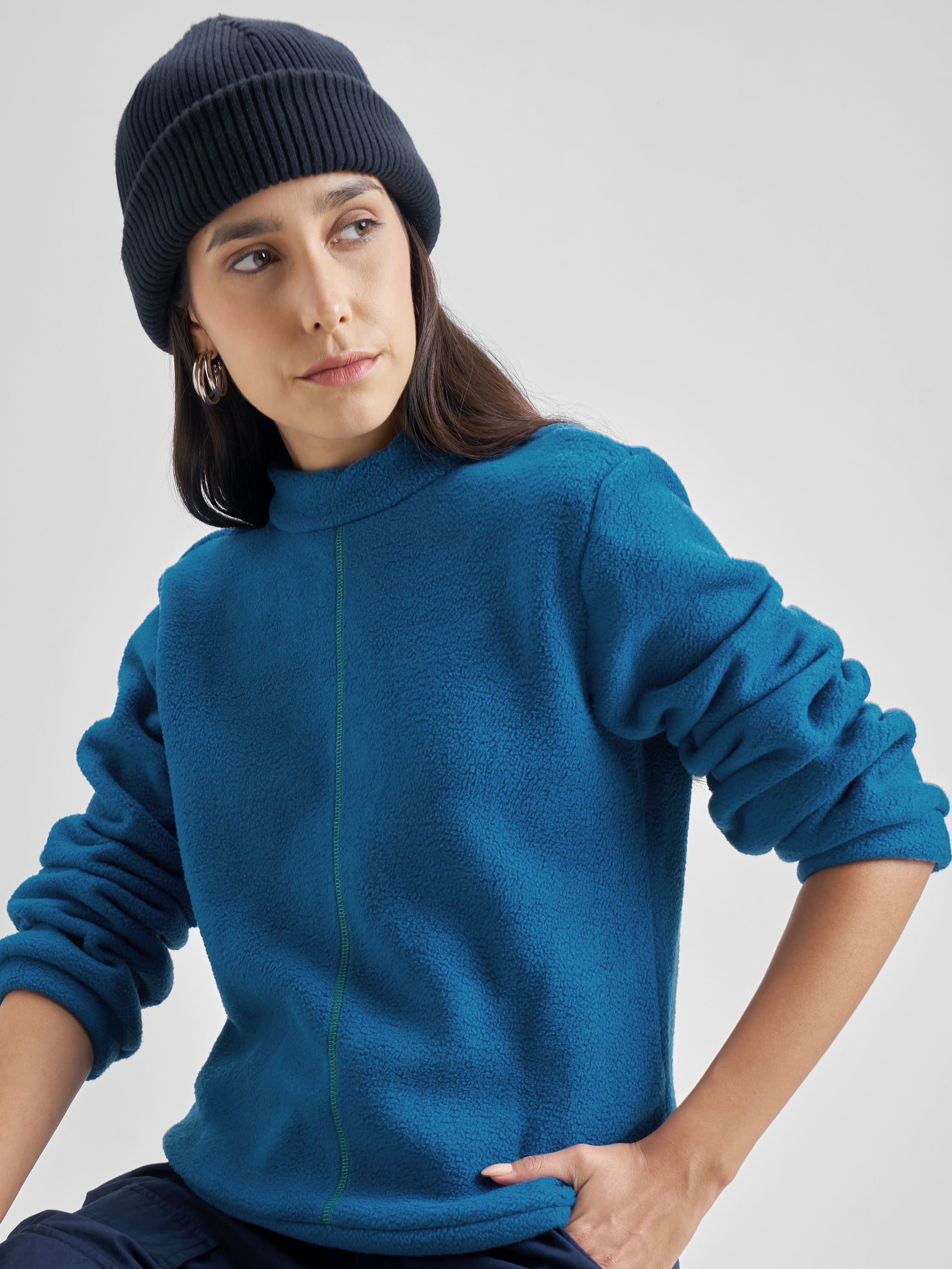 Tokyo Talkies Women Teal Solid Front Open High Neck Sweatshirt - Teal - Image 1