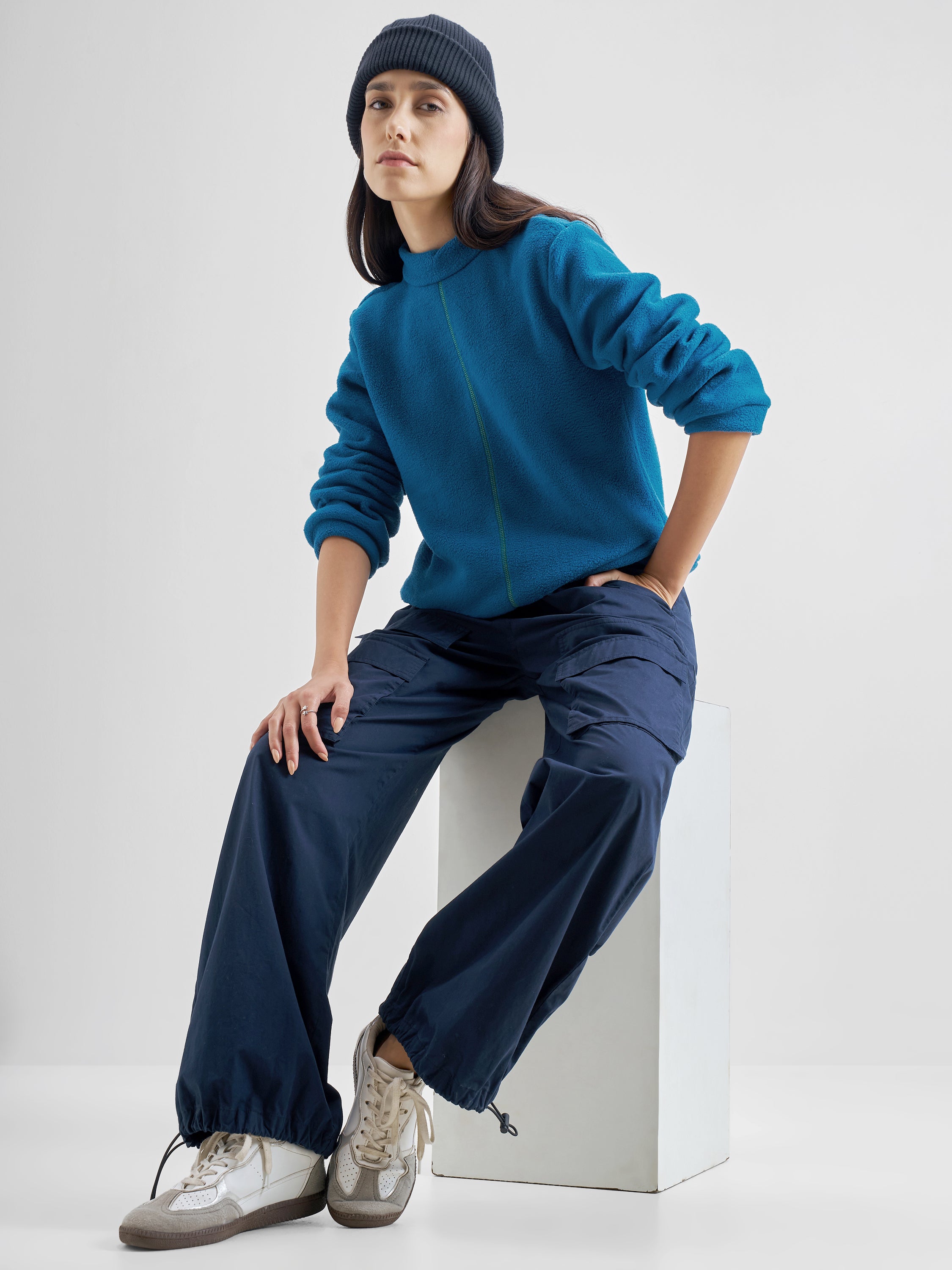 Tokyo Talkies Women Teal Solid Front Open High Neck Sweatshirt - Teal - Image 2