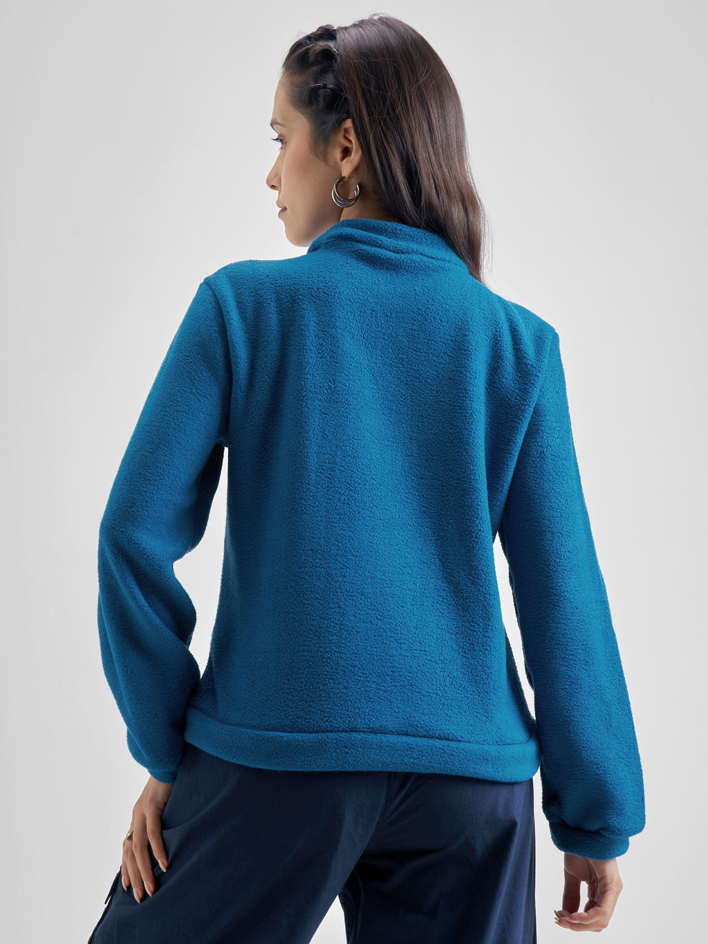 Tokyo Talkies Women Teal Solid Front Open High Neck Sweatshirt - Teal - Image 3