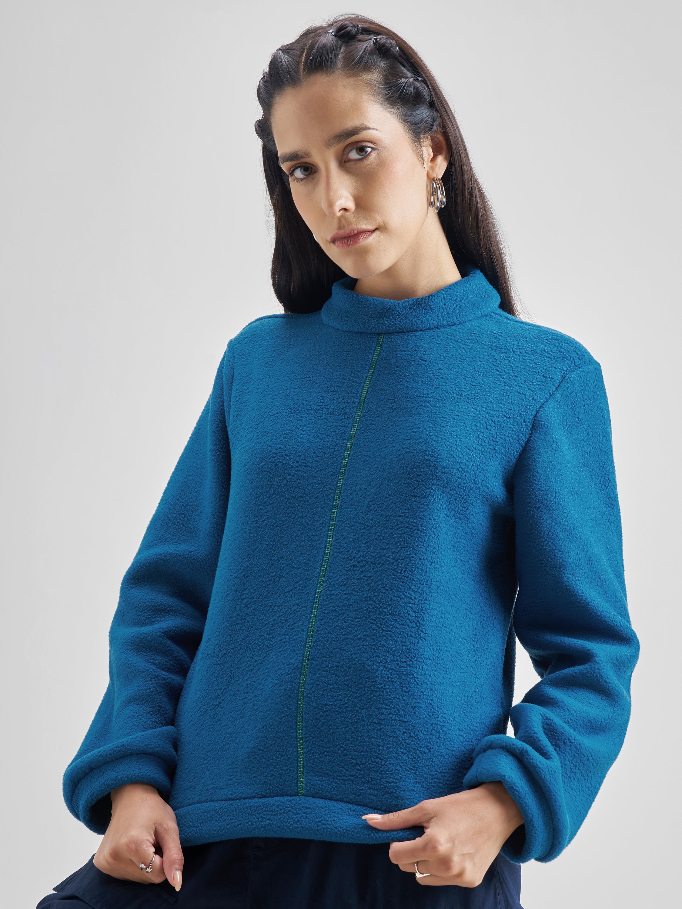 Tokyo Talkies Women Teal Solid Front Open High Neck Sweatshirt - Teal - Image 4
