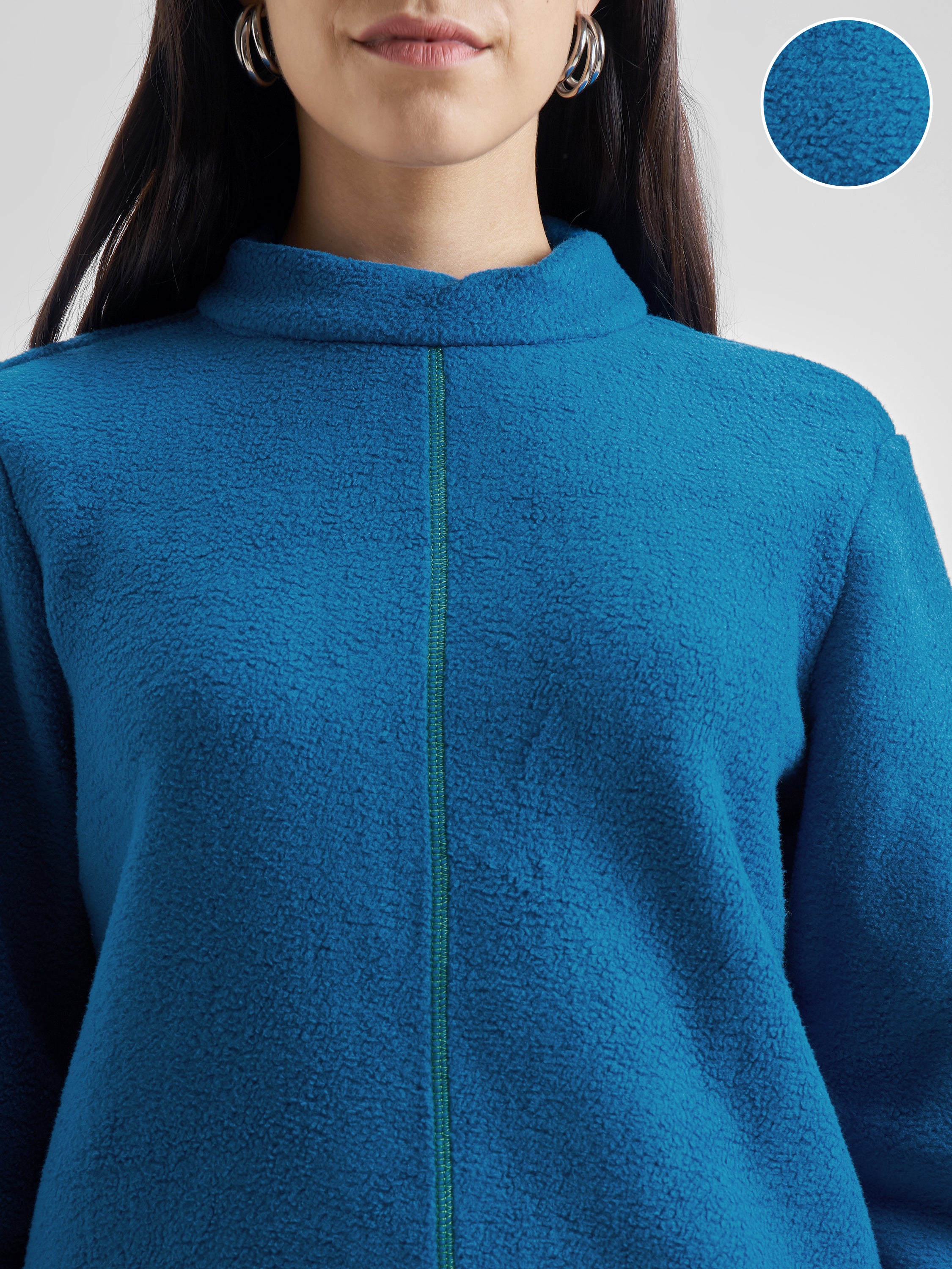 Tokyo Talkies Women Teal Solid Front Open High Neck Sweatshirt - Teal - Image 5
