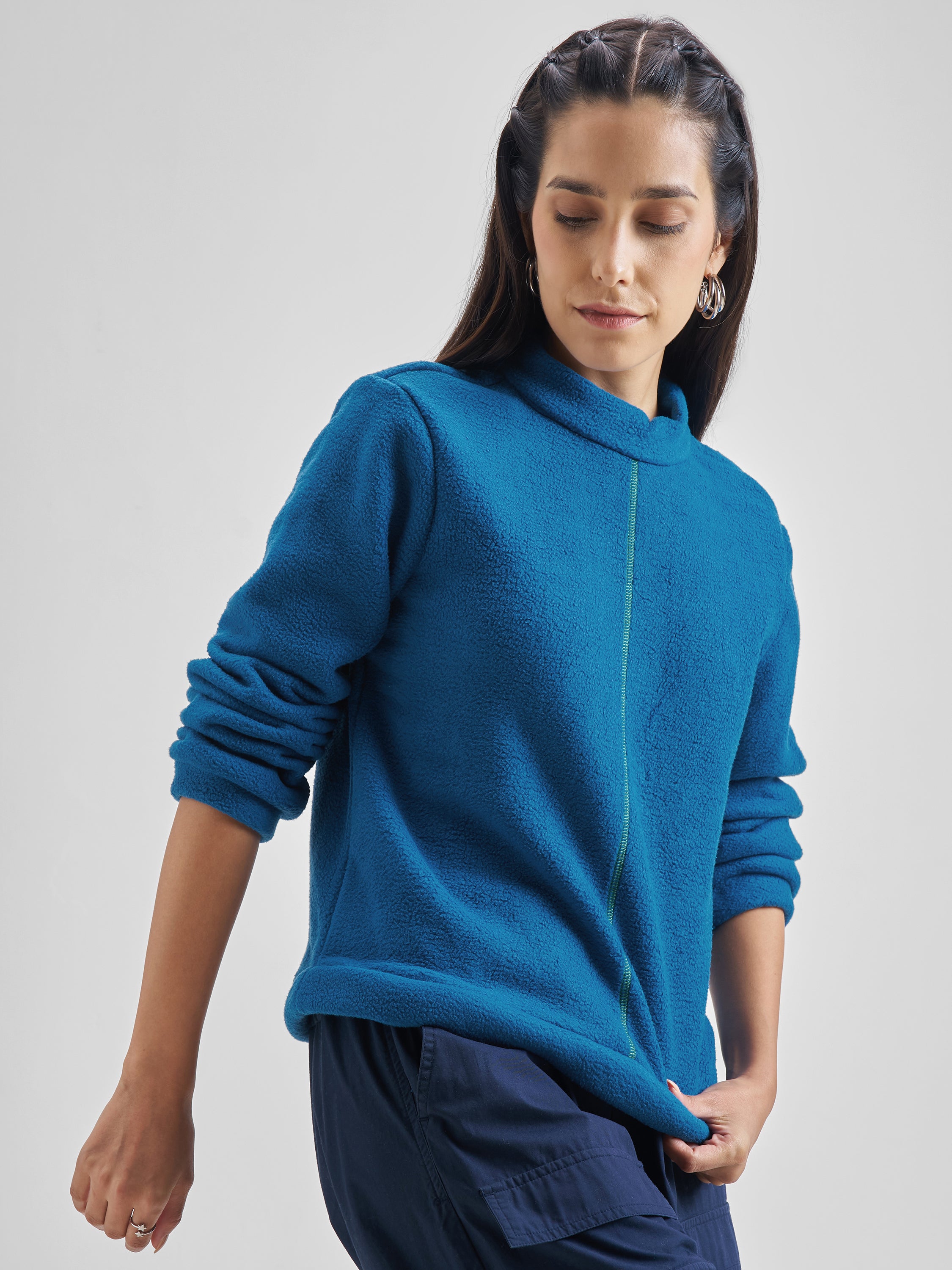 Tokyo Talkies Women Teal Solid Front Open High Neck Sweatshirt - Teal - Image 6