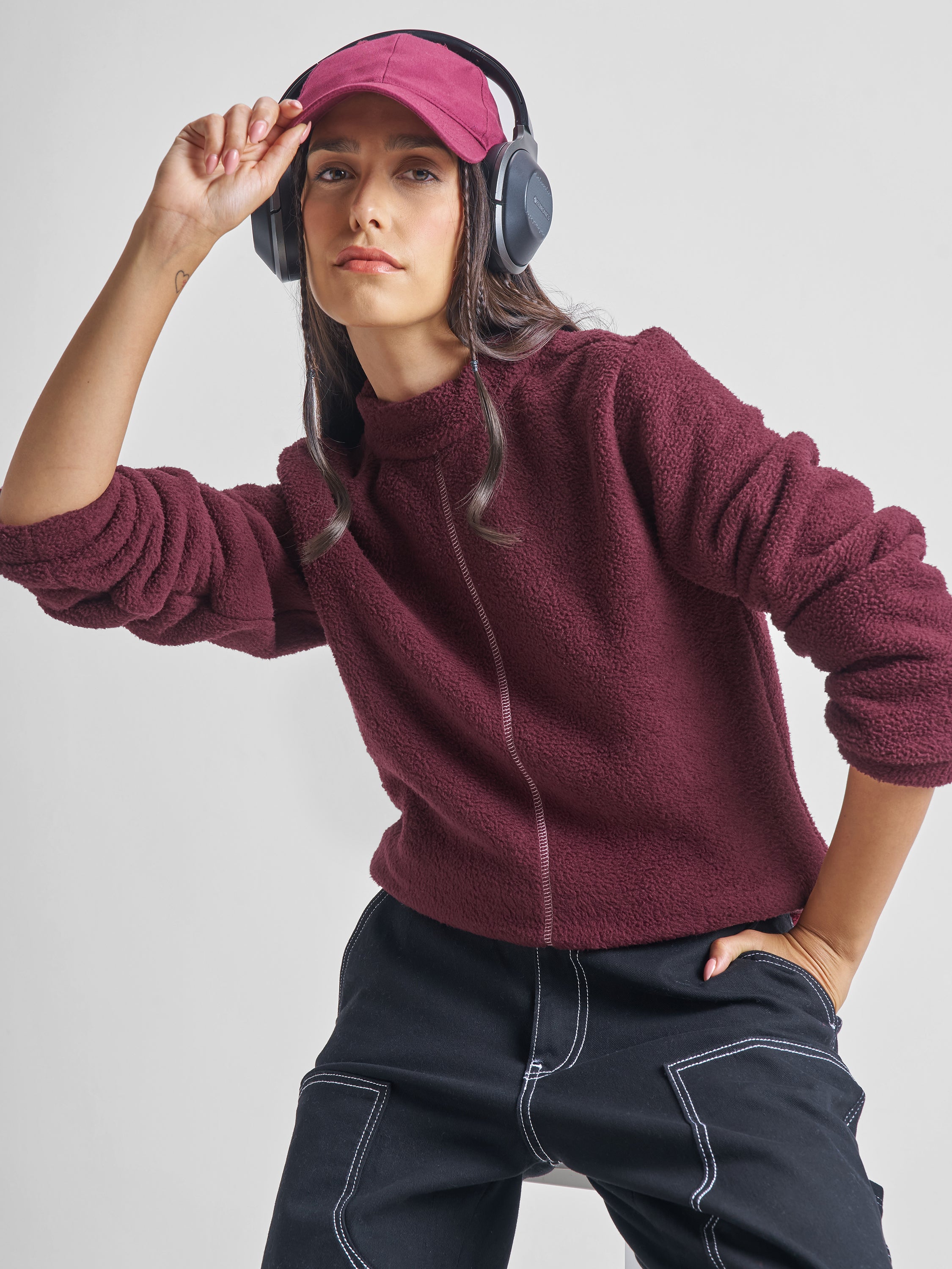 Tokyo Talkies Women Maroon Solid Pullover High Neck Sweatshirt - Maroon - Image 1