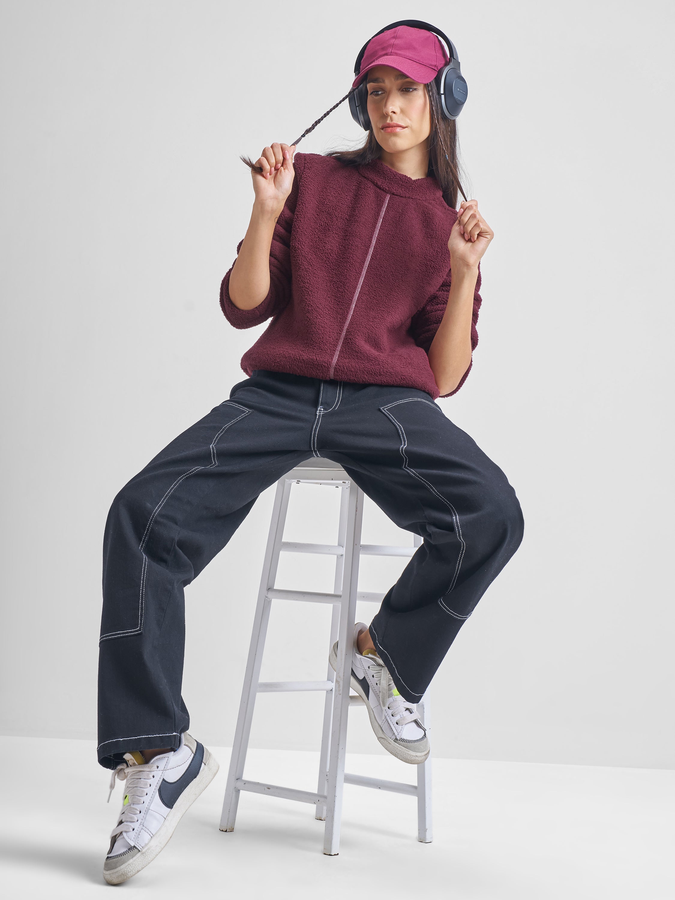 Tokyo Talkies Women Maroon Solid Pullover High Neck Sweatshirt - Maroon - Image 2