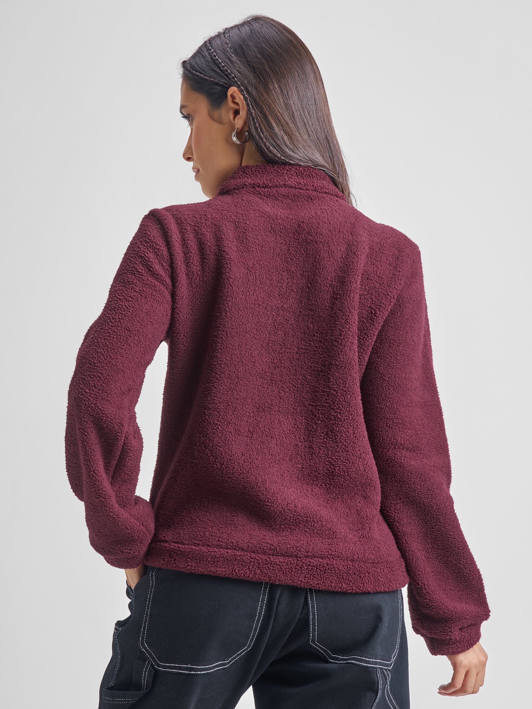 Tokyo Talkies Women Maroon Solid Pullover High Neck Sweatshirt - Maroon - Image 3