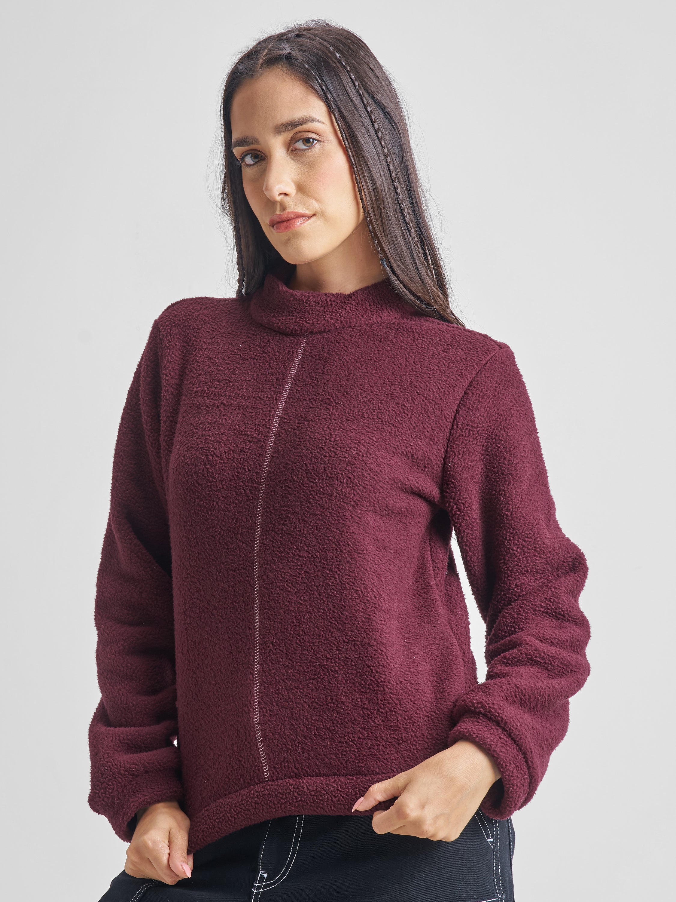 Tokyo Talkies Women Maroon Solid Pullover High Neck Sweatshirt - Maroon - Image 4