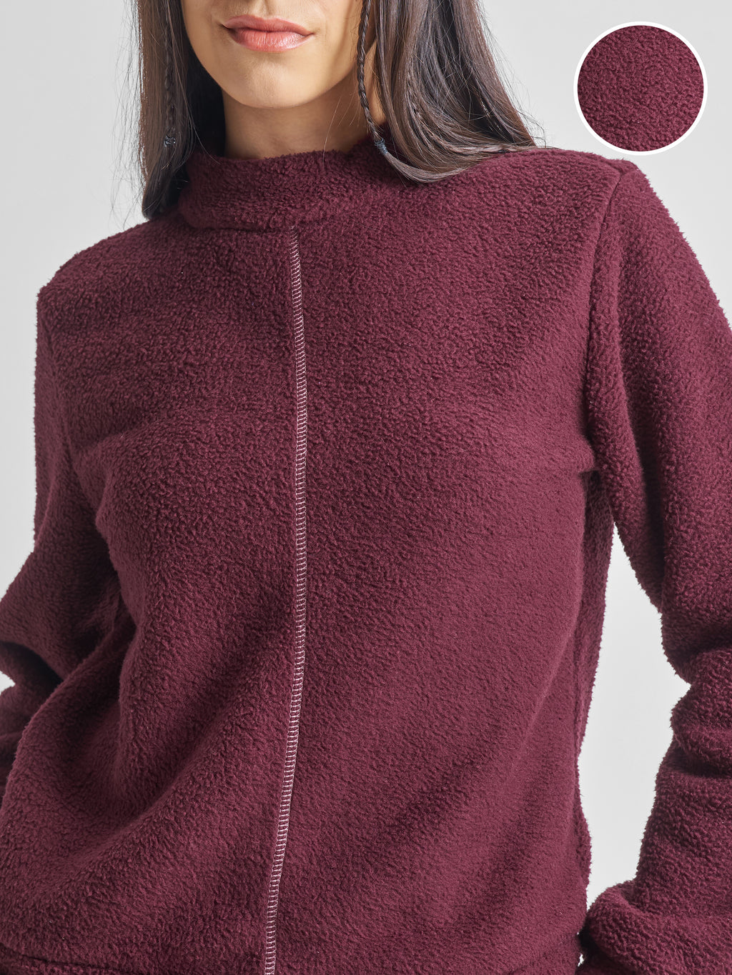 Tokyo Talkies Women Maroon Solid Pullover High Neck Sweatshirt - Maroon - Image 5
