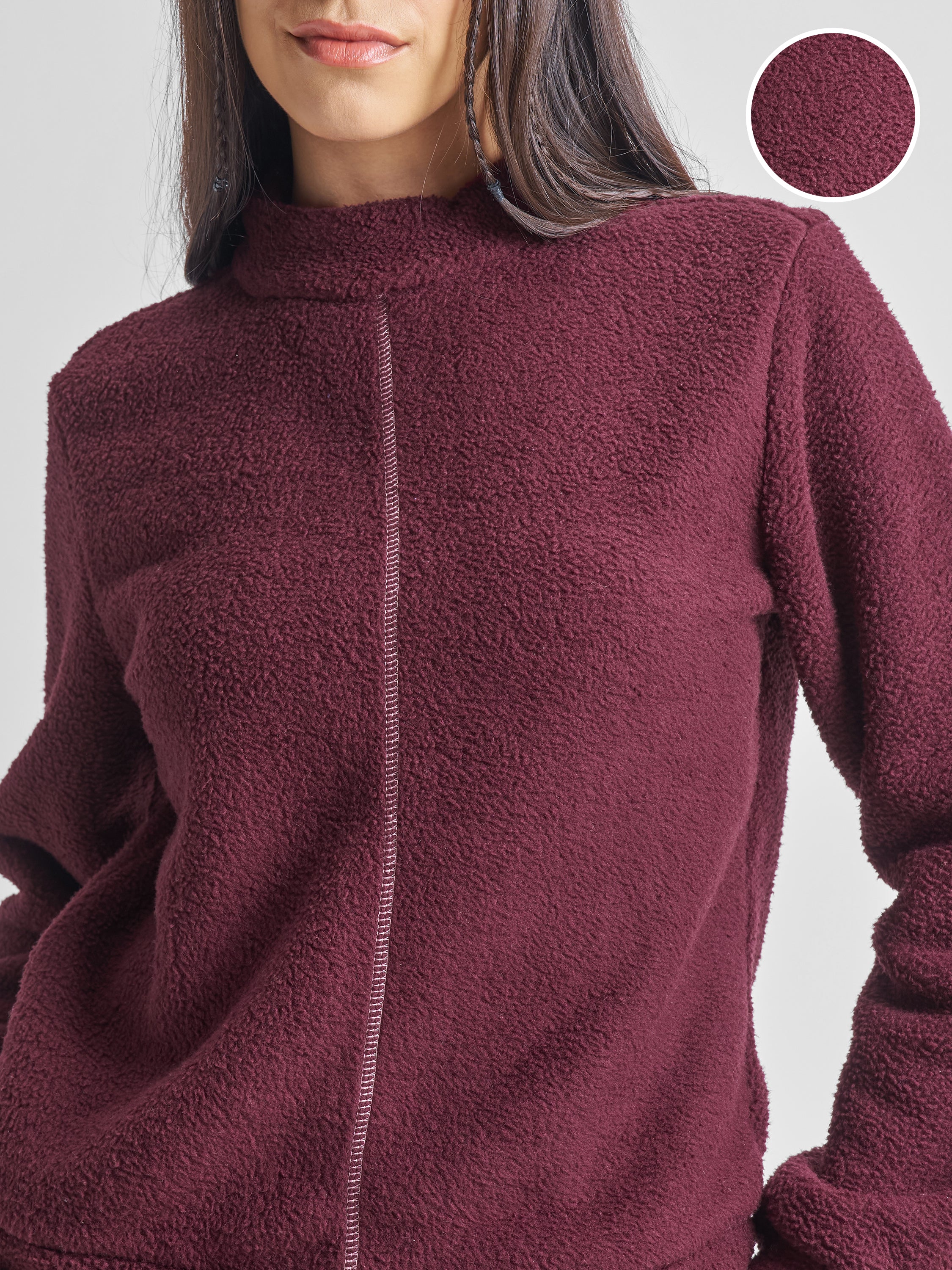 Tokyo Talkies Women Maroon Solid Pullover High Neck Sweatshirt - Maroon - Image 5