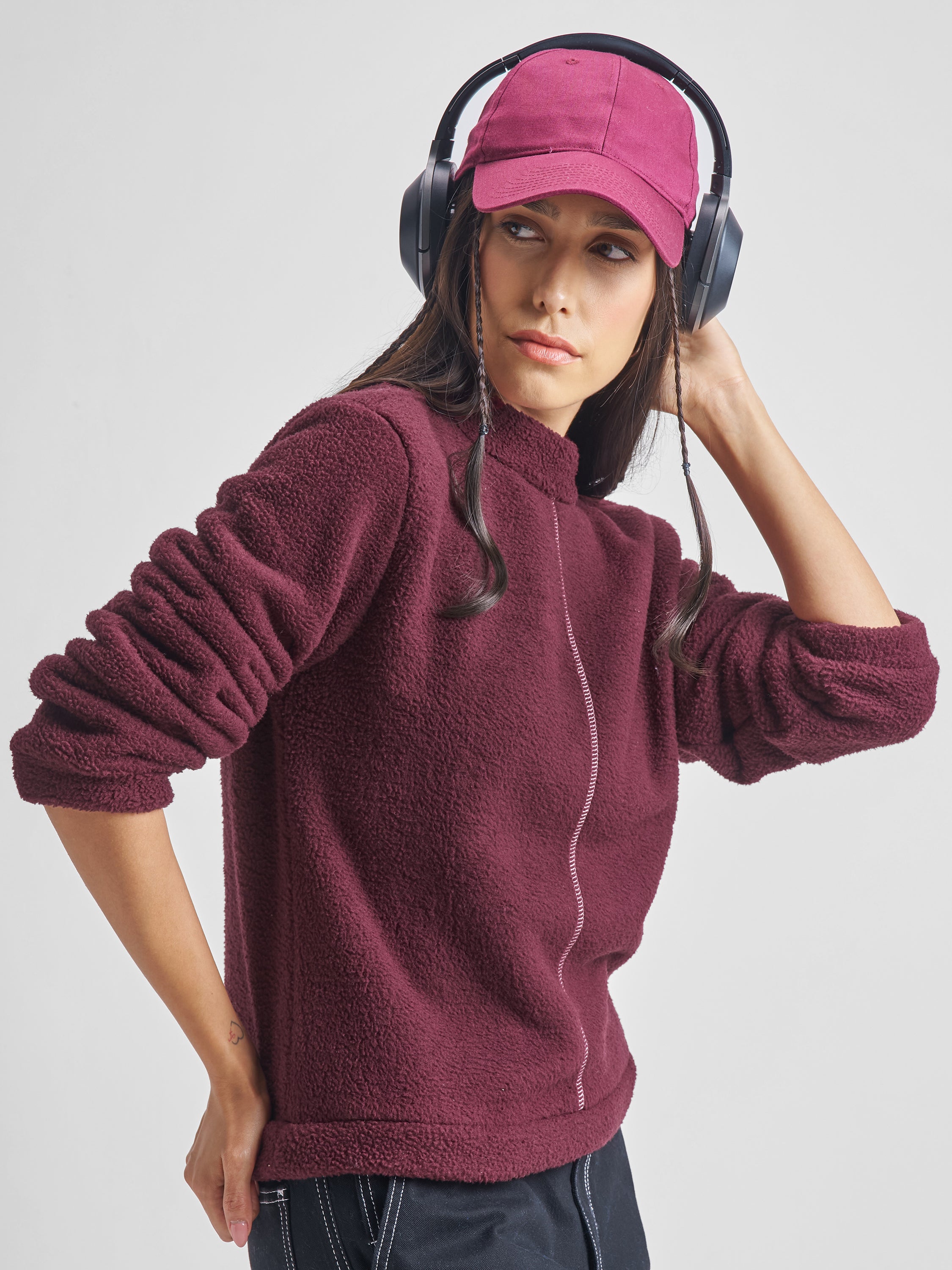 Tokyo Talkies Women Maroon Solid Pullover High Neck Sweatshirt - Maroon - Image 6