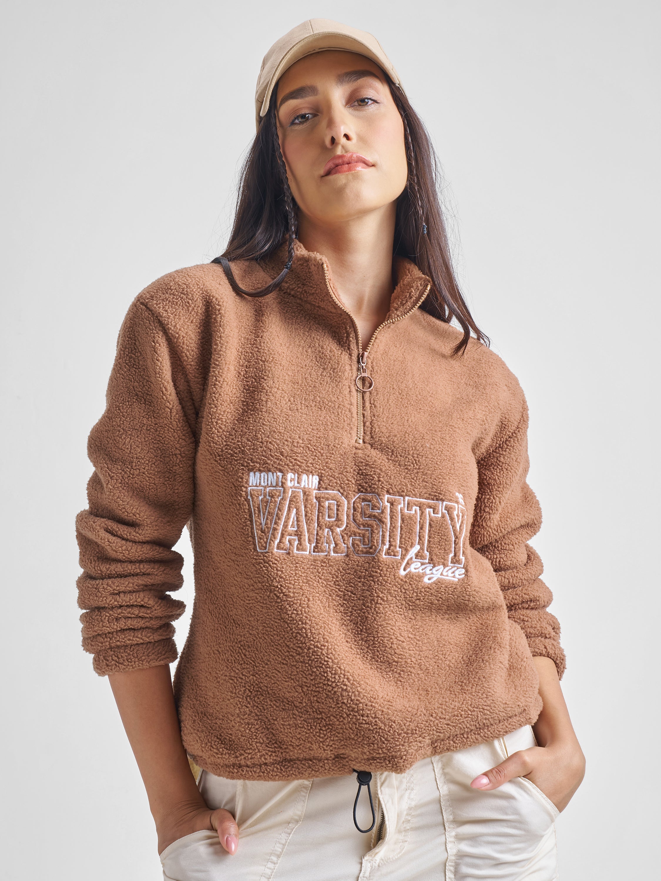 Tokyo Talkies Women Brown Printed Pullover High Neck Sweatshirt - Brown - Image 1