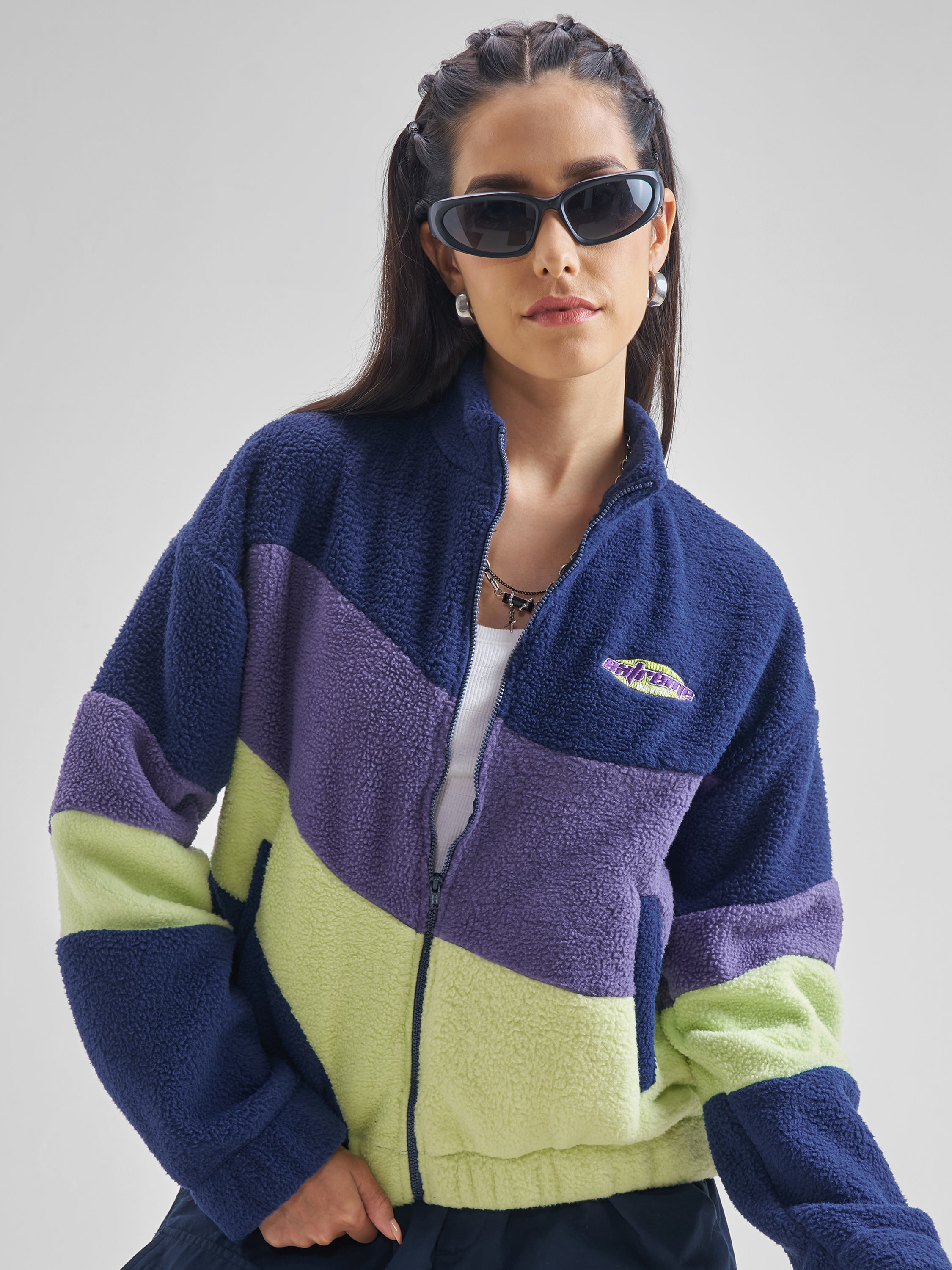 Tokyo Talkies Women Navy Blue Colourblocked Pullover High Neck Sweatshirt - Navy Blue - Image 1