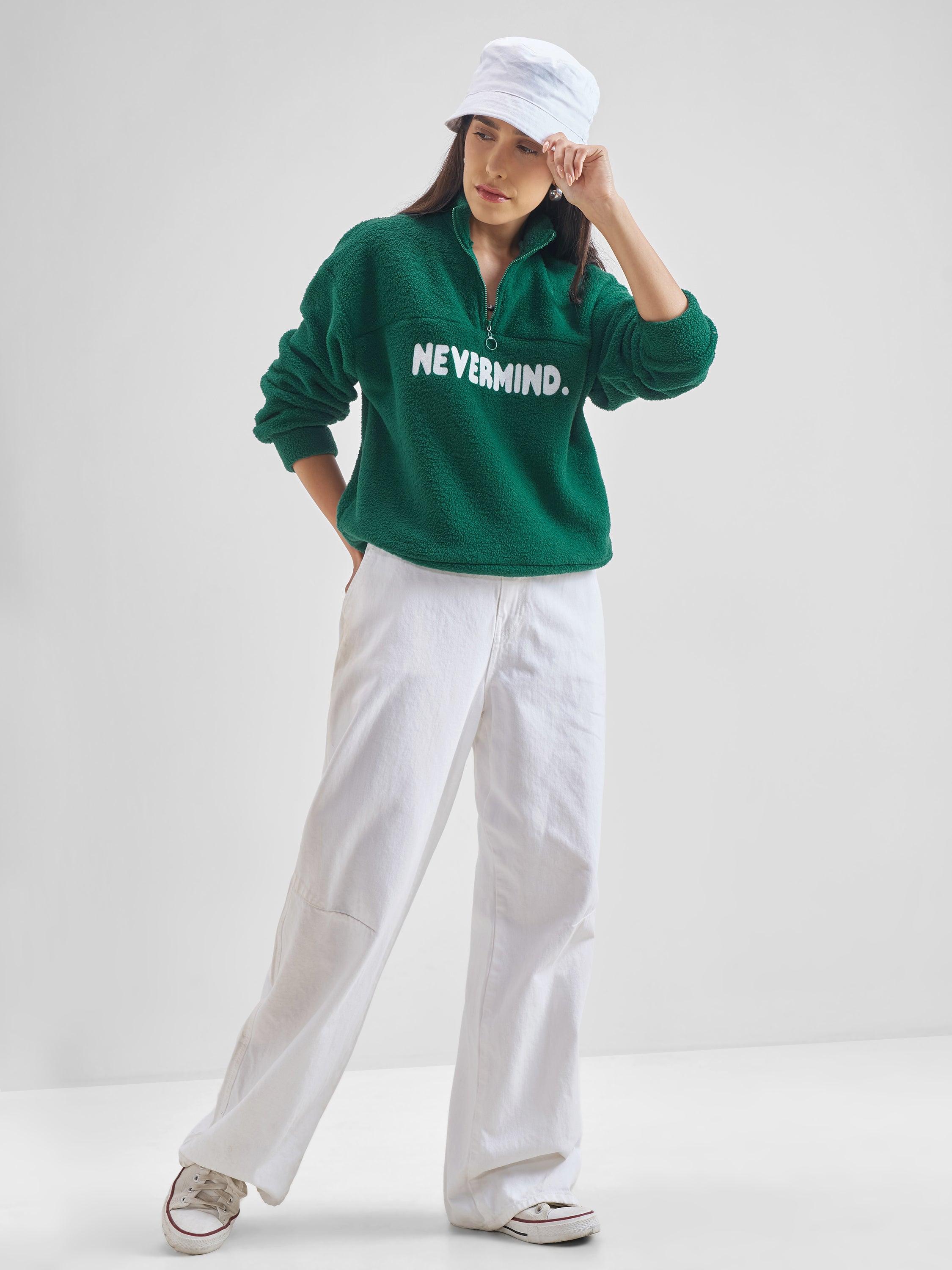 Tokyo Talkies Women Green Printed Pullover High Neck Sweatshirt - Green - Image 2