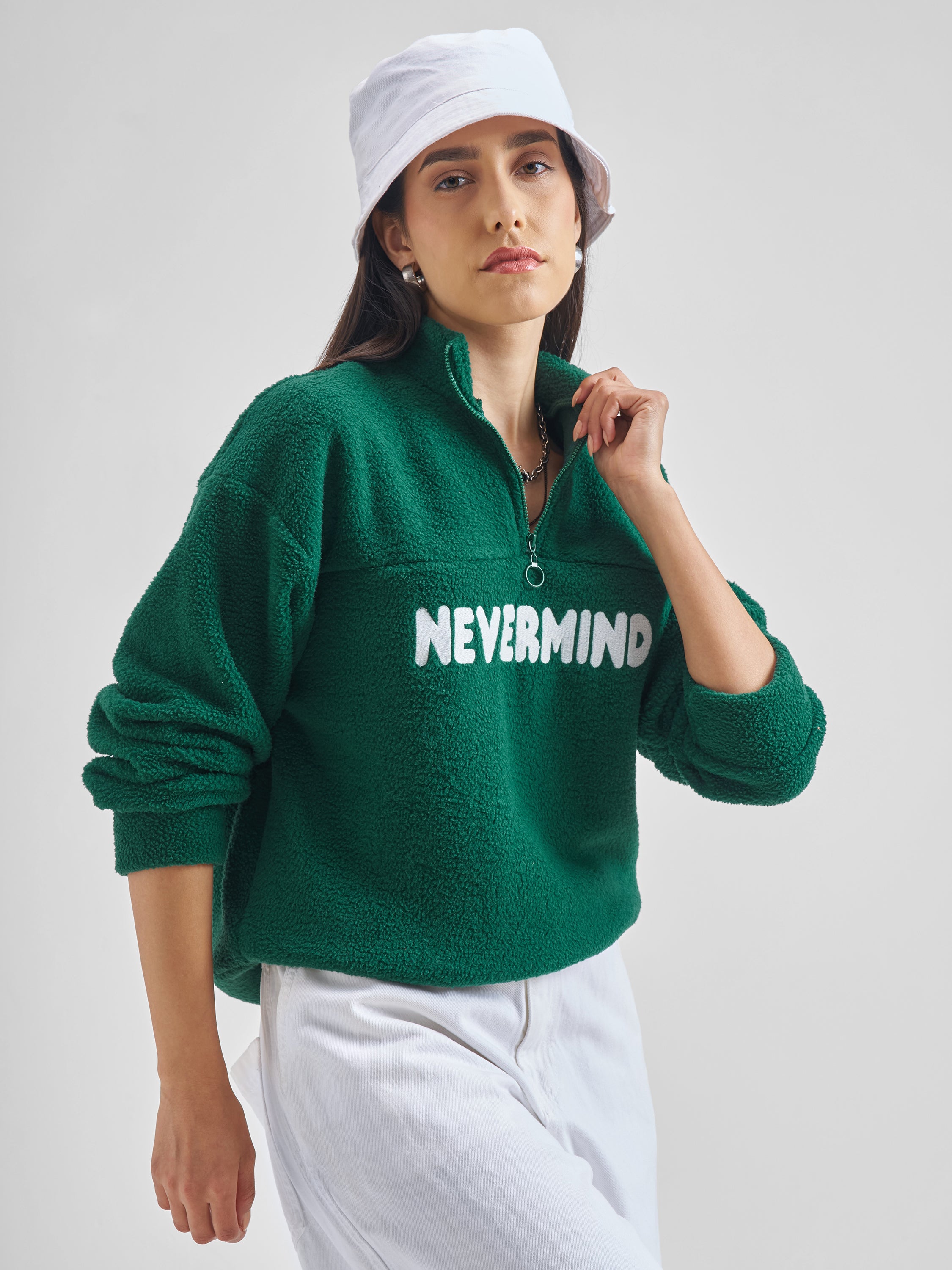 Tokyo Talkies Women Green Printed Pullover High Neck Sweatshirt - Green - Image 6