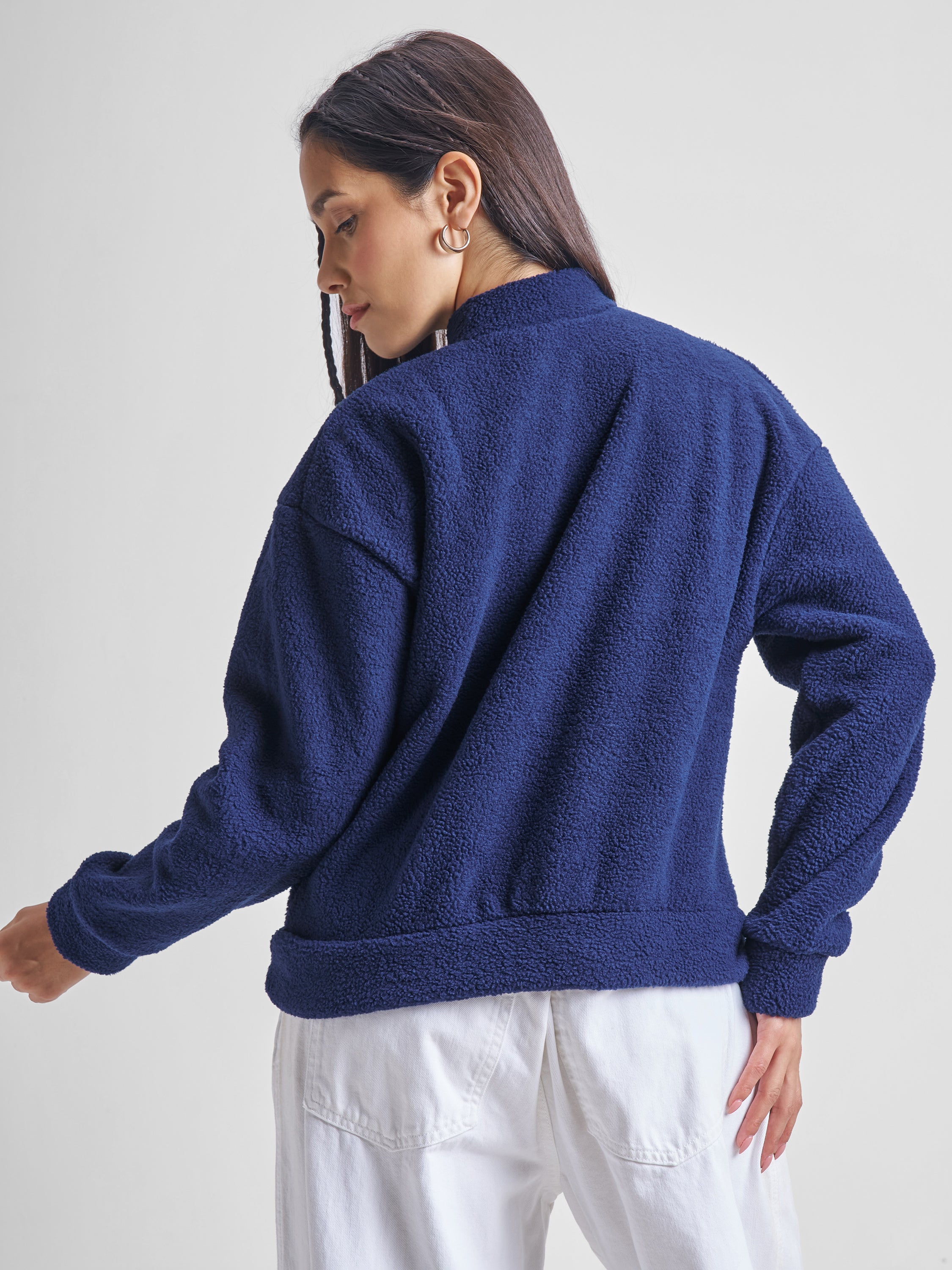 Tokyo Talkies Women Navy Blue Printed Pullover High Neck Sweatshirt - Navy Blue - Image 3
