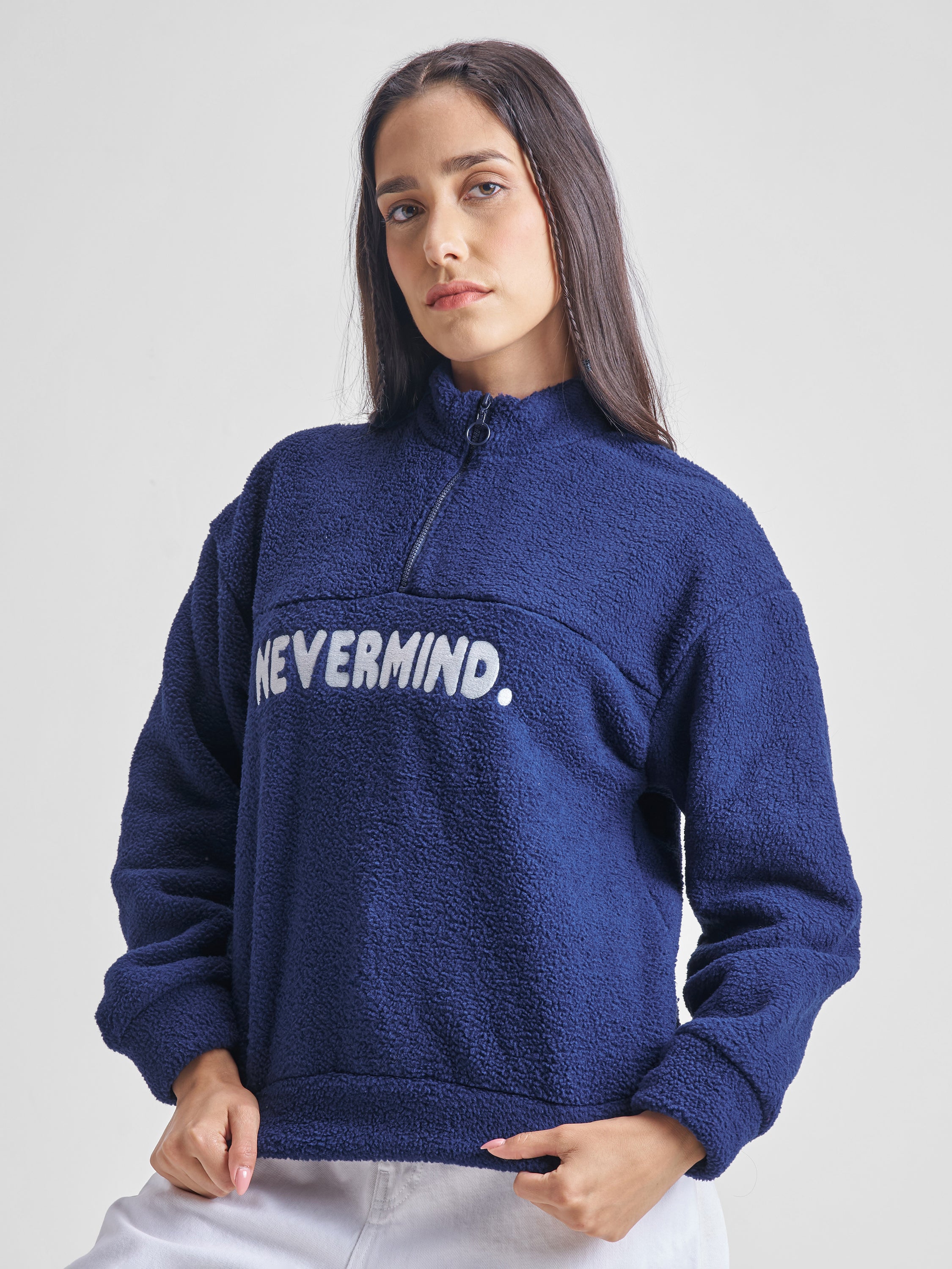 Tokyo Talkies Women Navy Blue Printed Pullover High Neck Sweatshirt - Navy Blue - Image 4