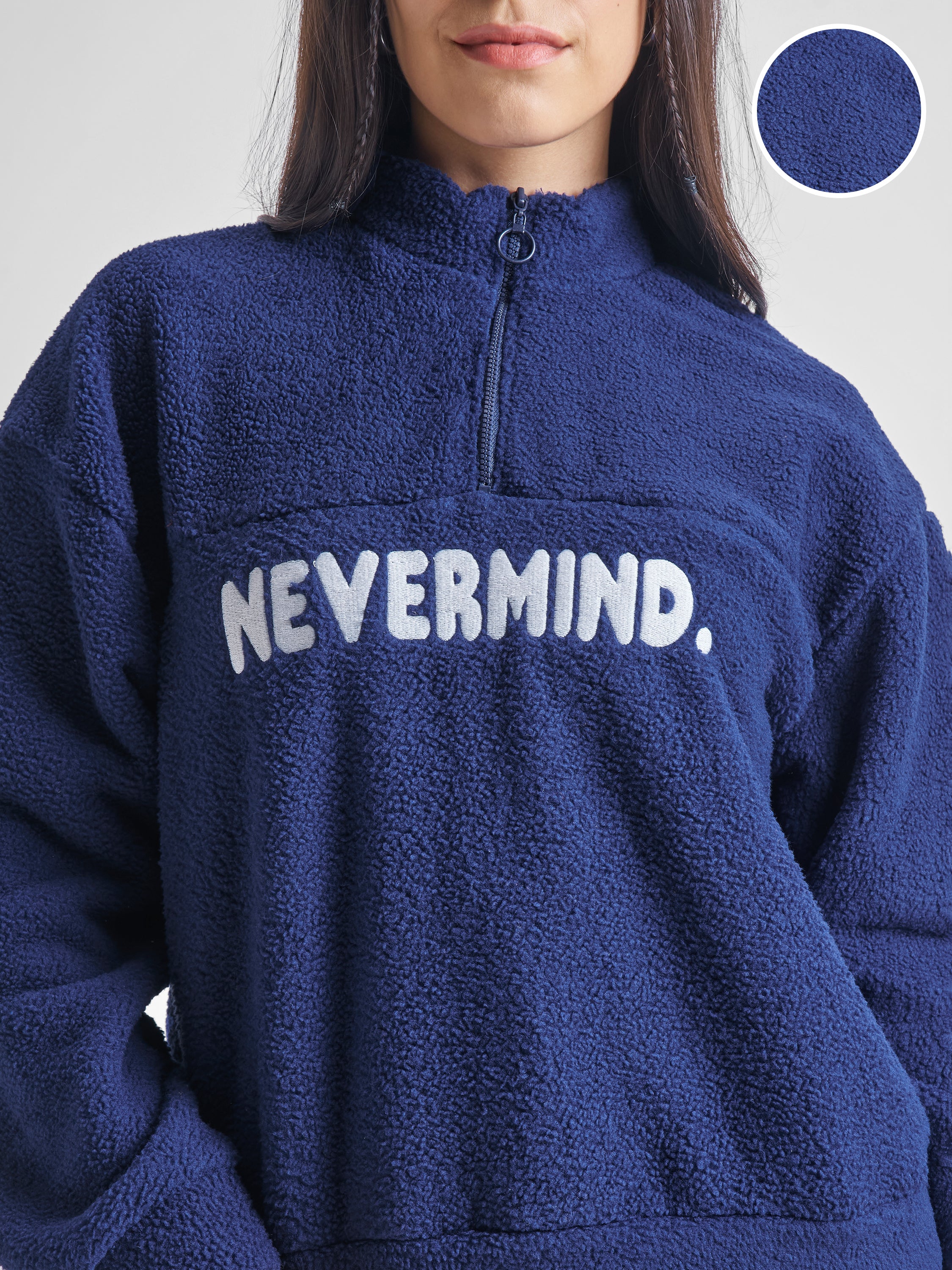 Tokyo Talkies Women Navy Blue Printed Pullover High Neck Sweatshirt - Navy Blue - Image 5