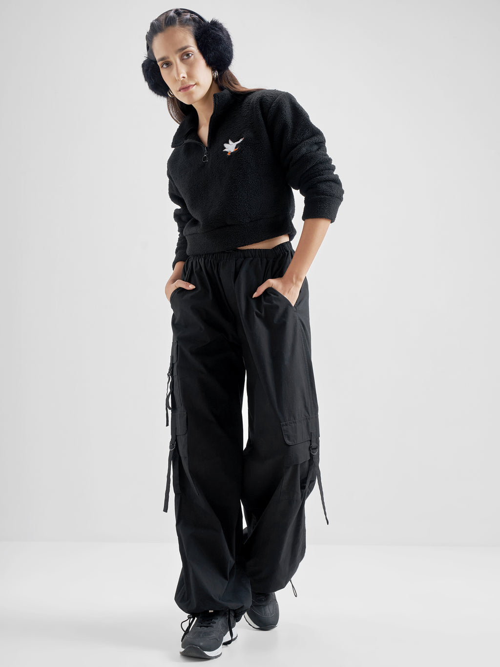 Tokyo Talkies Women Black Solid Pullover Mock Collar Sweatshirt - Black - Image 2