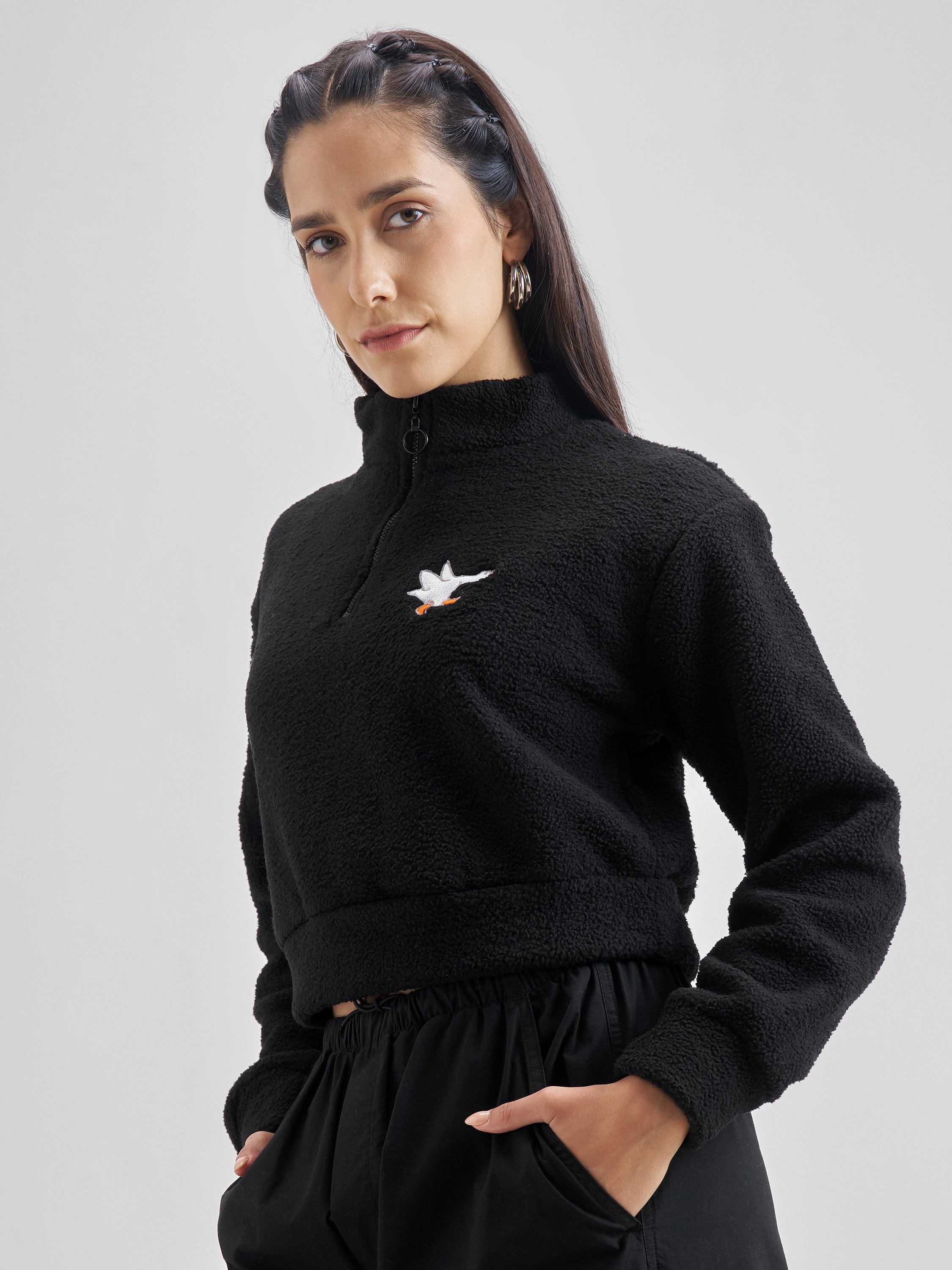 Tokyo Talkies Women Black Solid Pullover Mock Collar Sweatshirt - Black - Image 4