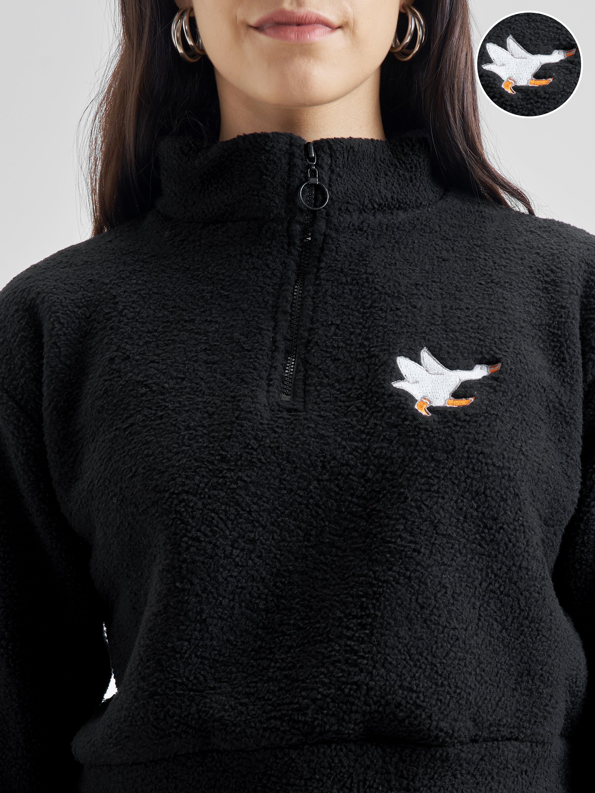 Tokyo Talkies Women Black Solid Pullover Mock Collar Sweatshirt - Black - Image 5