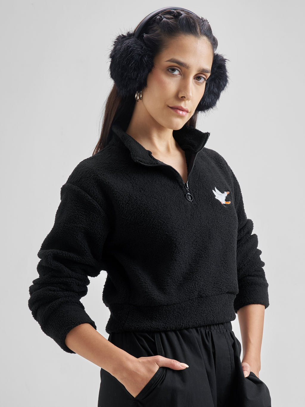Tokyo Talkies Women Black Solid Pullover Mock Collar Sweatshirt - Black - Image 6