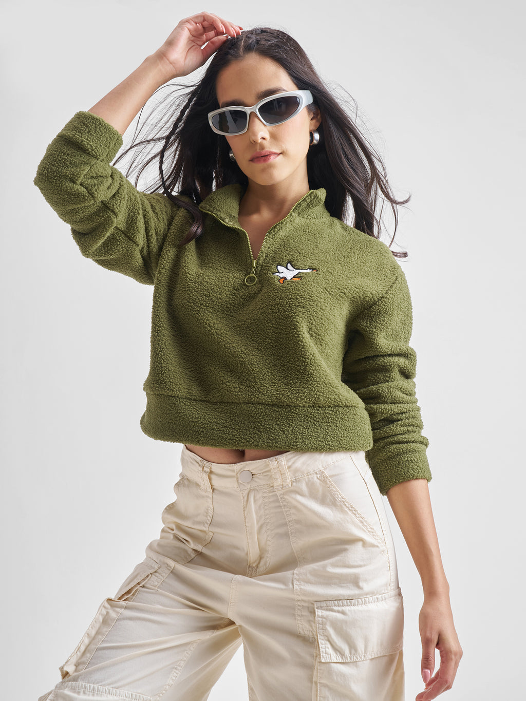 Tokyo Talkies Women Olive Solid Pullover Mock Collar Sweatshirt - Olive - Image 1