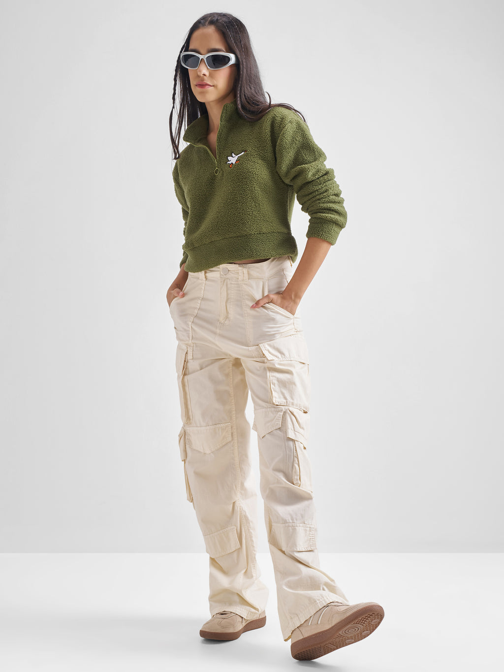 Tokyo Talkies Women Olive Solid Pullover Mock Collar Sweatshirt - Olive - Image 2