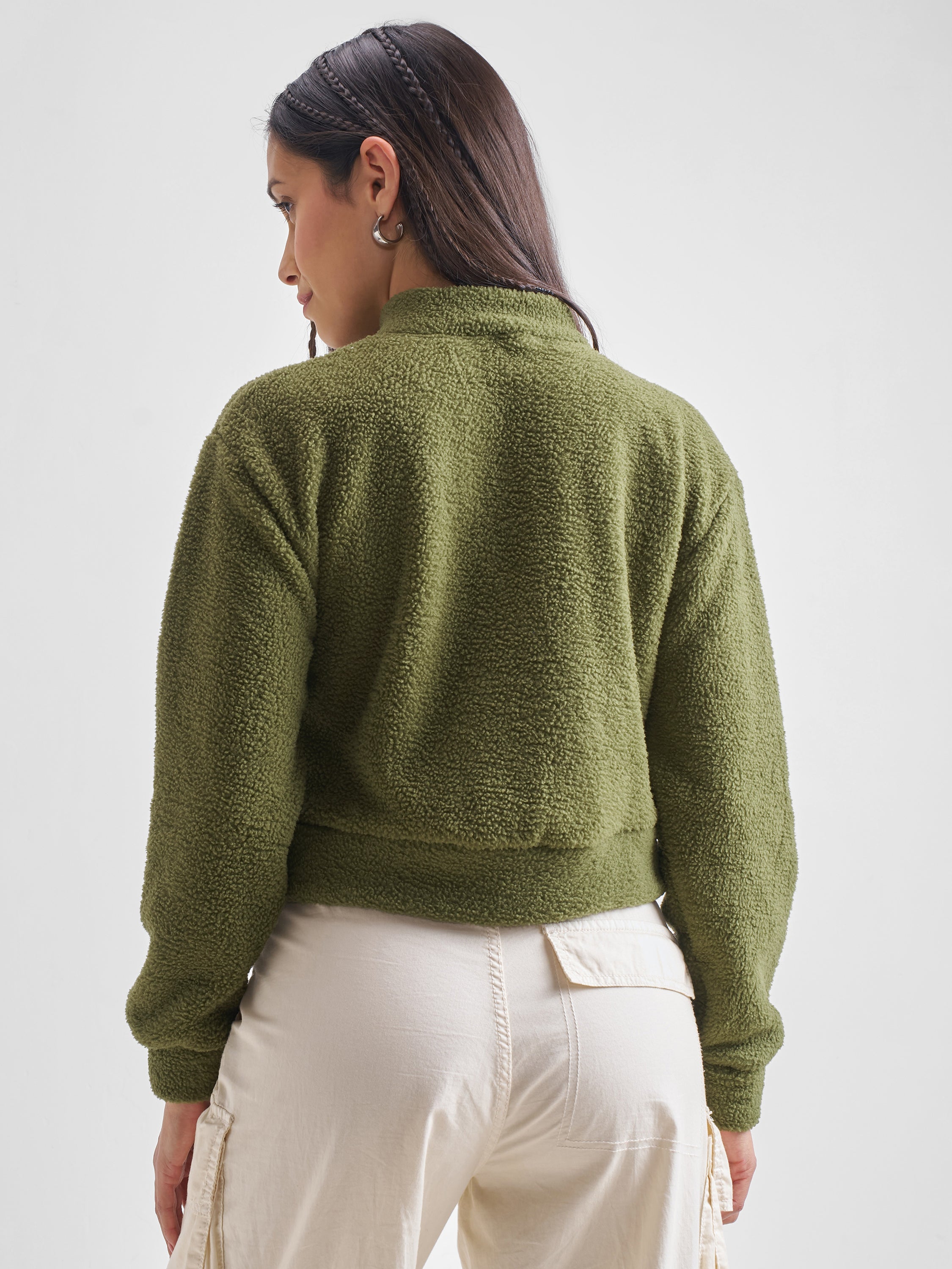Tokyo Talkies Women Olive Solid Pullover Mock Collar Sweatshirt - Olive - Image 3