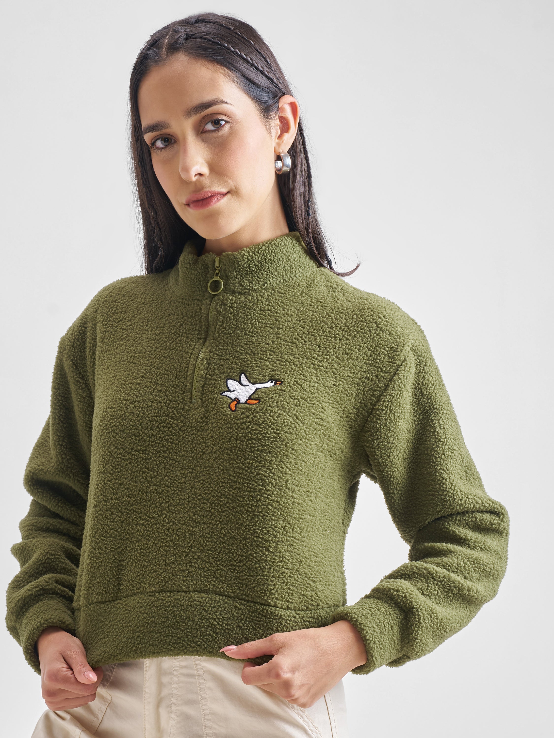 Tokyo Talkies Women Olive Solid Pullover Mock Collar Sweatshirt - Olive - Image 4