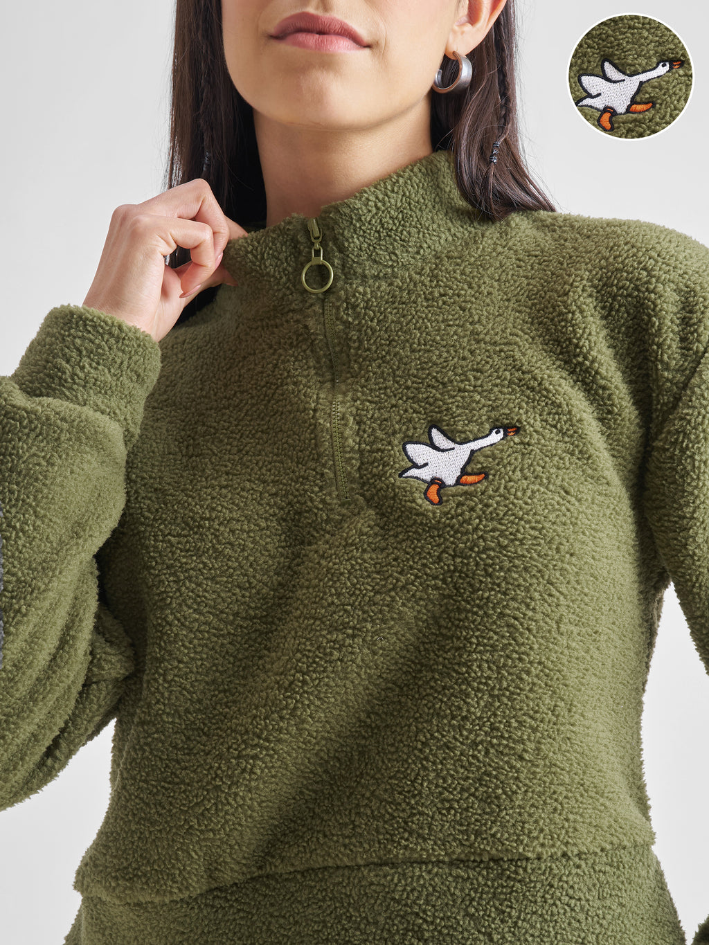 Tokyo Talkies Women Olive Solid Pullover Mock Collar Sweatshirt - Olive - Image 5