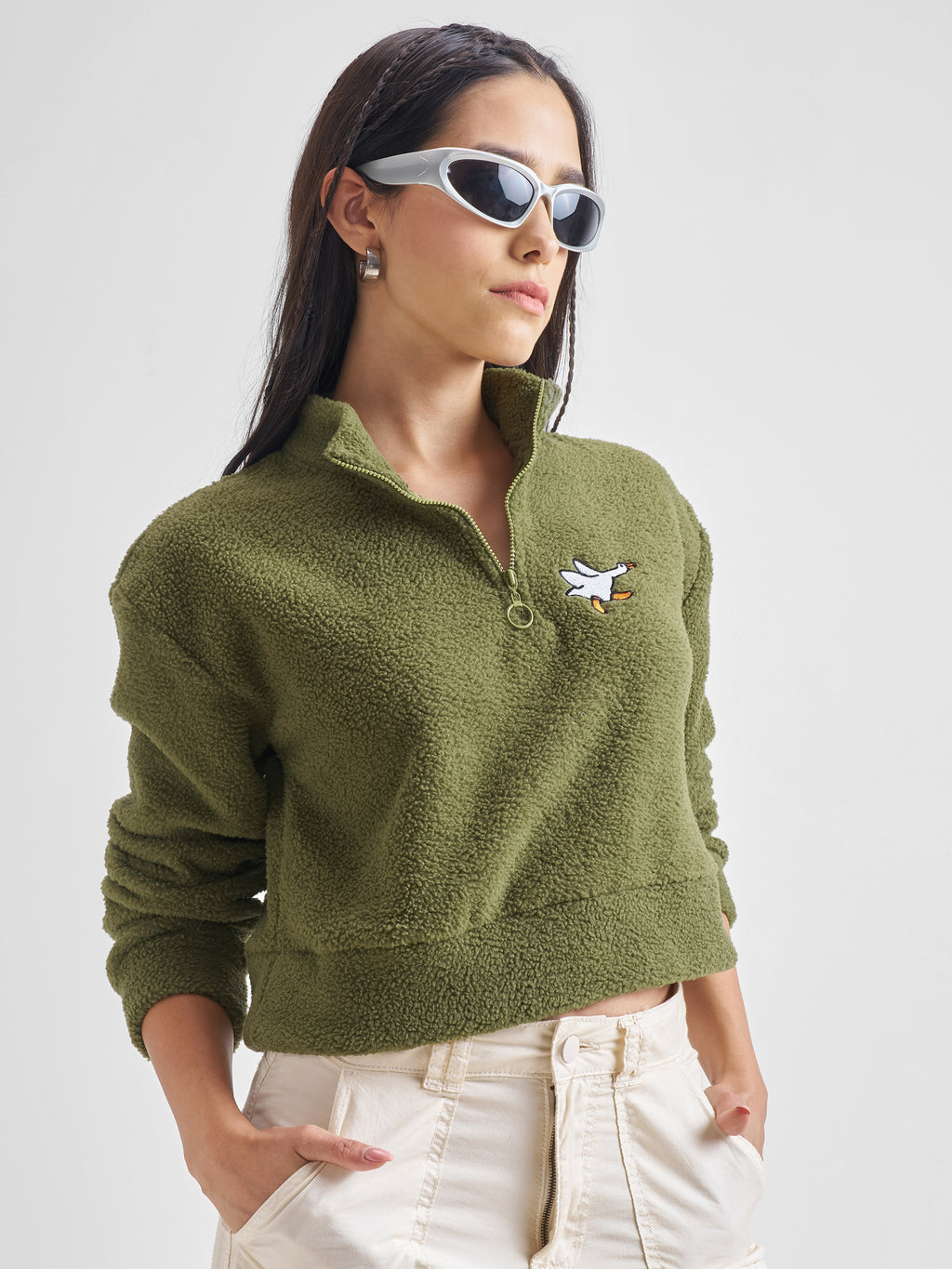 Tokyo Talkies Women Olive Solid Pullover Mock Collar Sweatshirt - Olive - Image 6