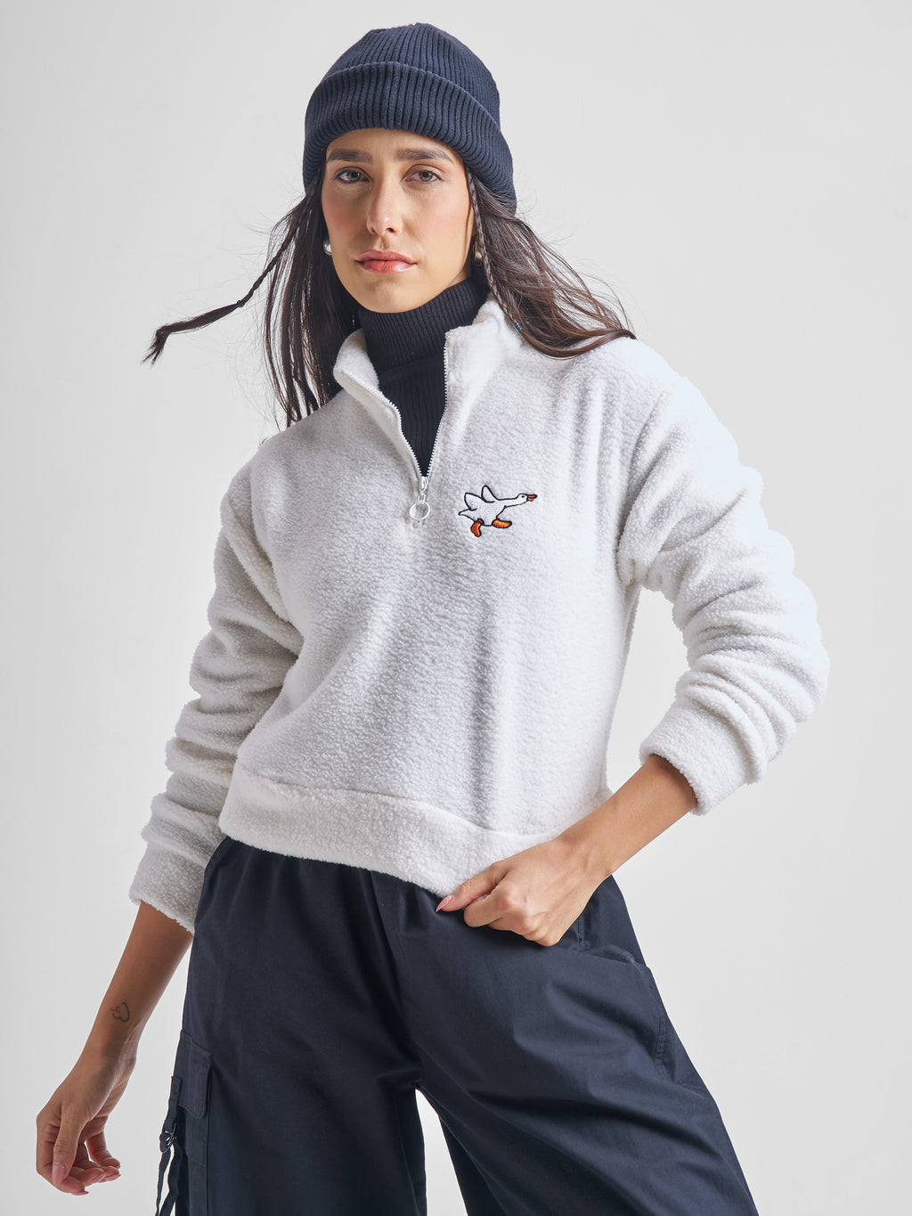 Tokyo Talkies Women White Solid Pullover Mock Collar Sweatshirt - White - Image 1