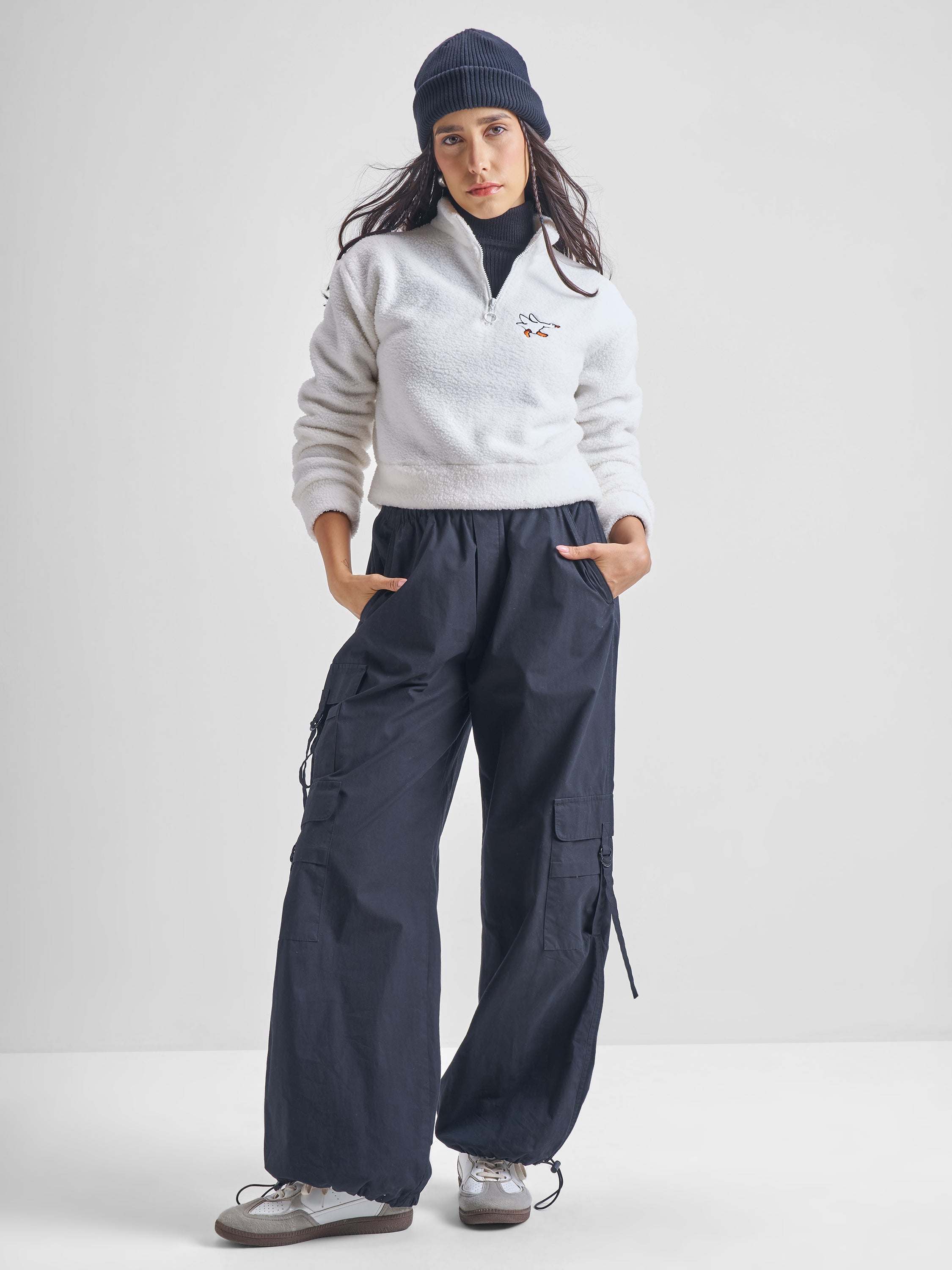 Tokyo Talkies Women White Solid Pullover Mock Collar Sweatshirt - White - Image 2