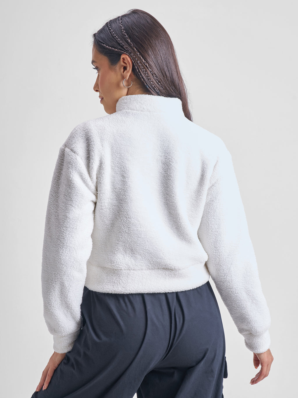 Tokyo Talkies Women White Solid Pullover Mock Collar Sweatshirt - White - Image 3