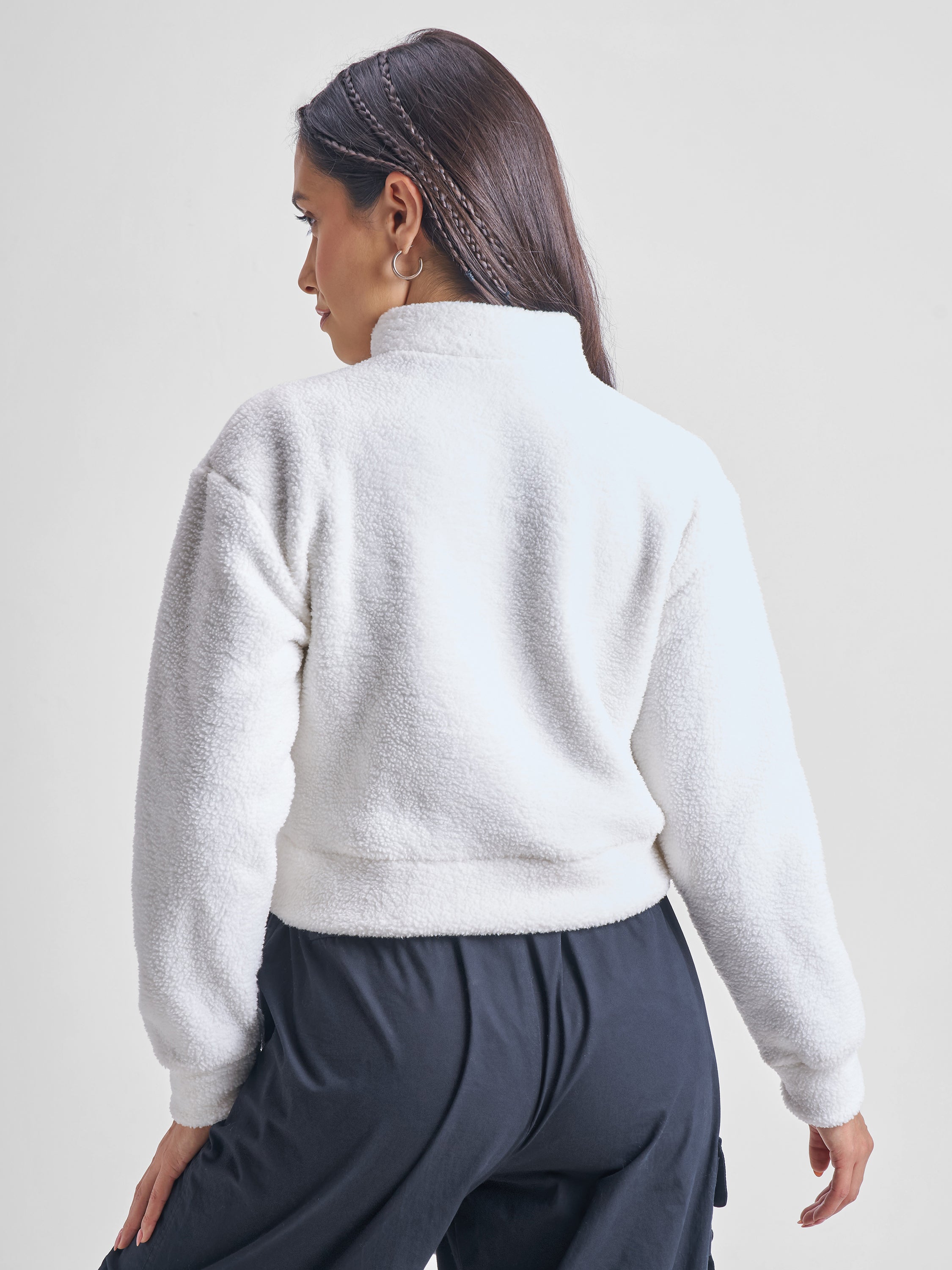 Tokyo Talkies Women White Solid Pullover Mock Collar Sweatshirt - White - Image 3