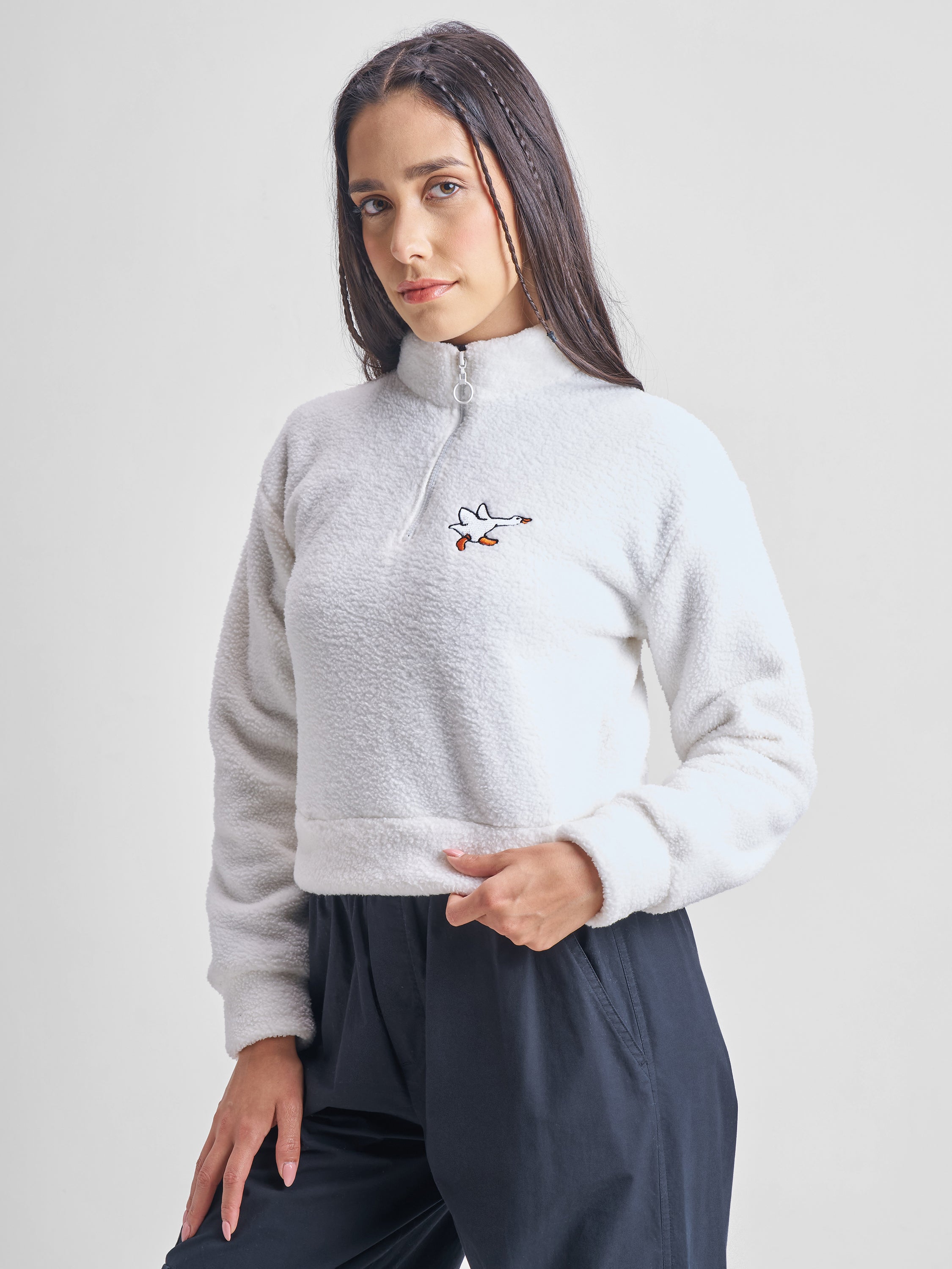 Tokyo Talkies Women White Solid Pullover Mock Collar Sweatshirt - White - Image 4