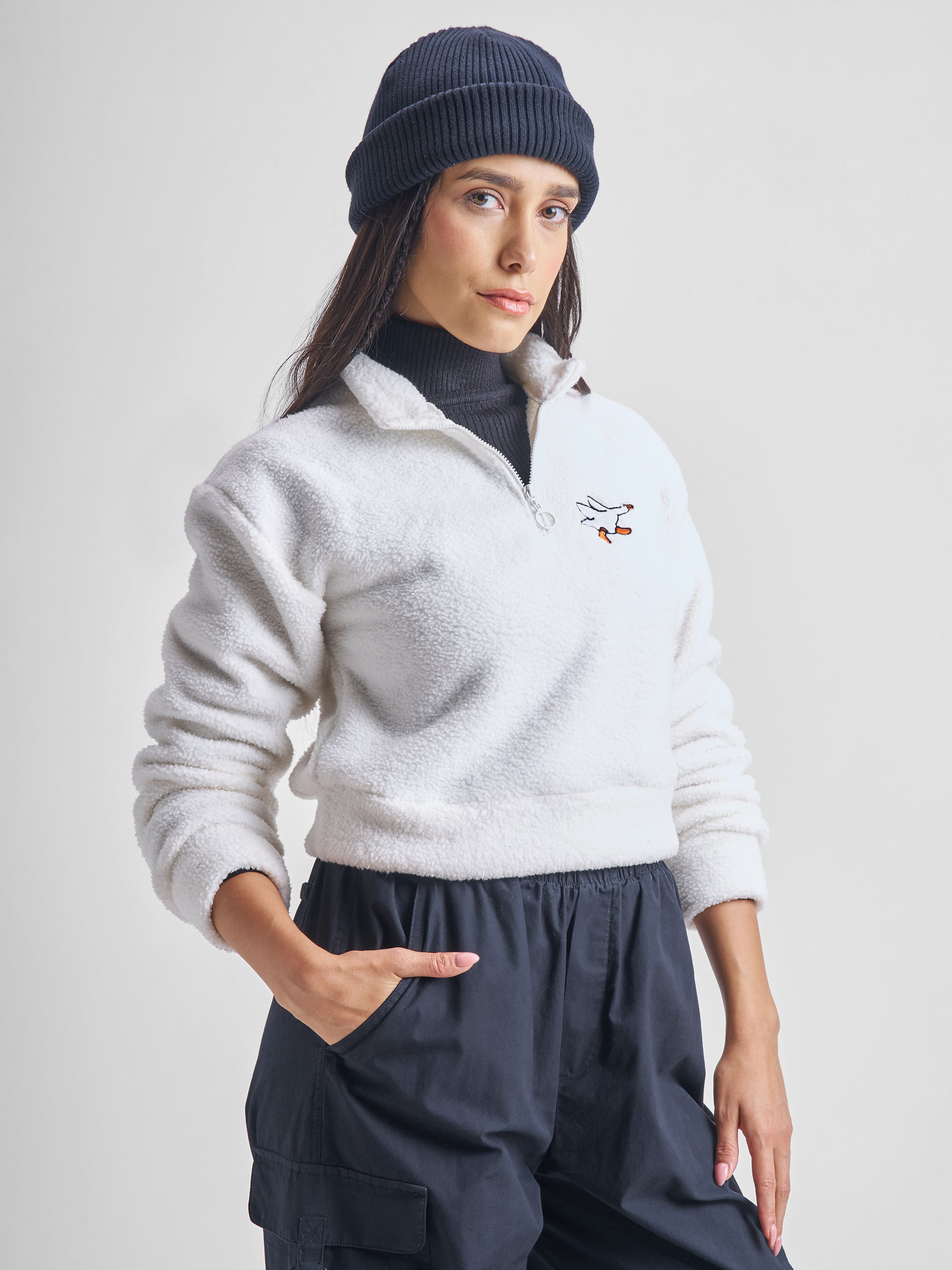 Tokyo Talkies Women White Solid Pullover Mock Collar Sweatshirt - White - Image 6