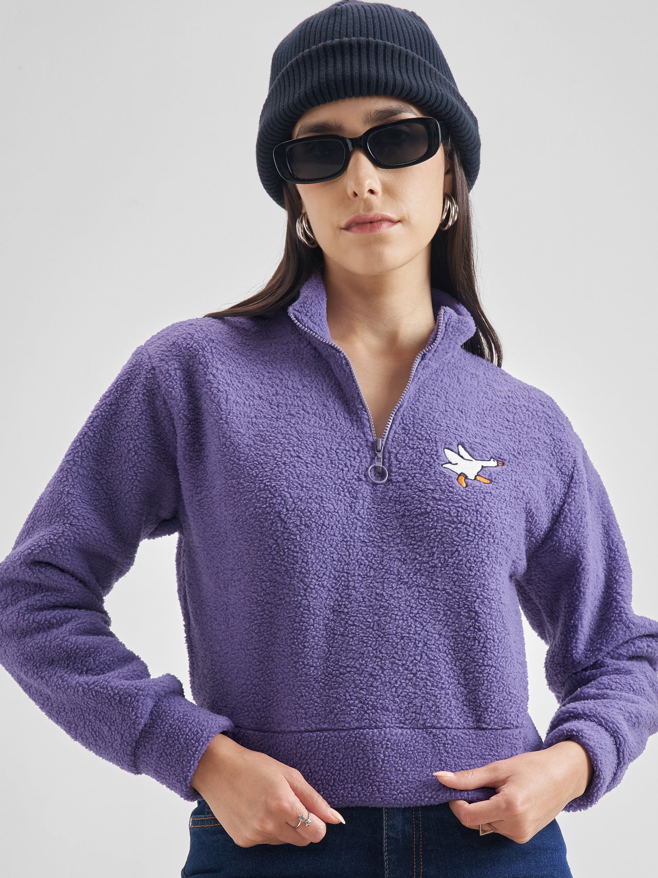 Tokyo Talkies Women Purple Solid Pullover Mock Collar Sweatshirt - Purple - Image 1