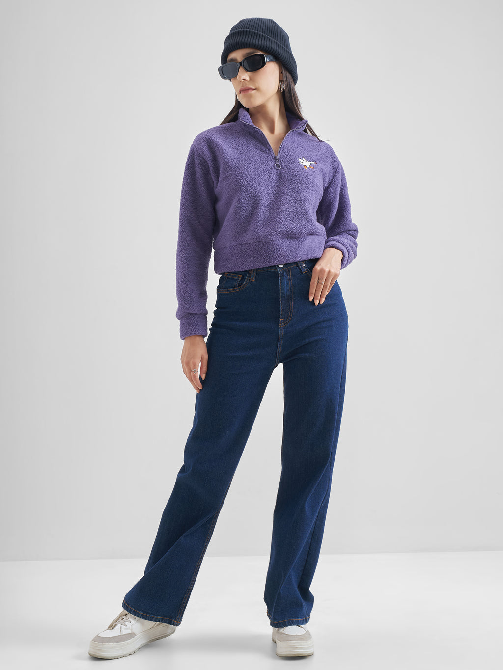 Tokyo Talkies Women Purple Solid Pullover Mock Collar Sweatshirt - Purple - Image 2