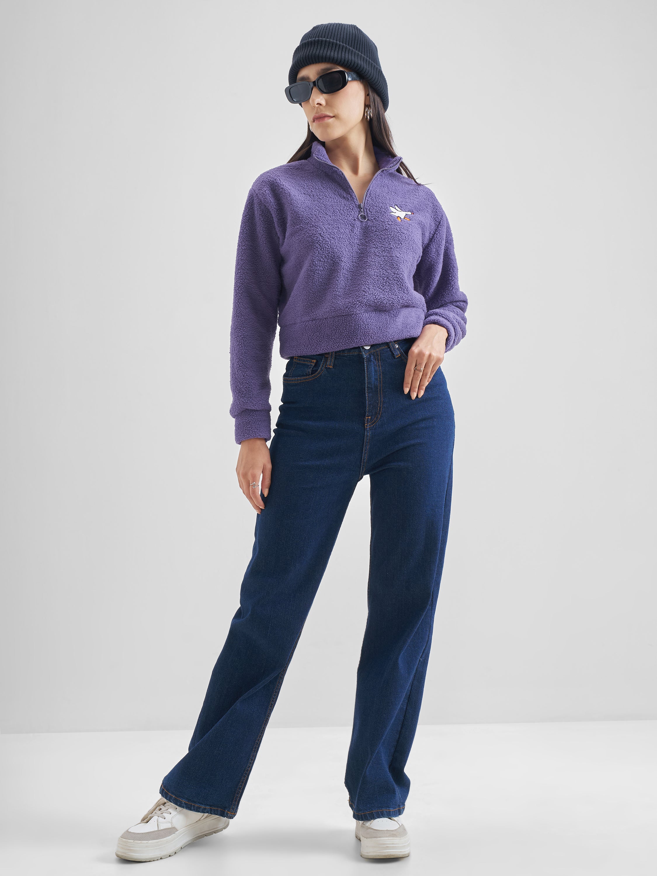 Tokyo Talkies Women Purple Solid Pullover Mock Collar Sweatshirt - Purple - Image 2