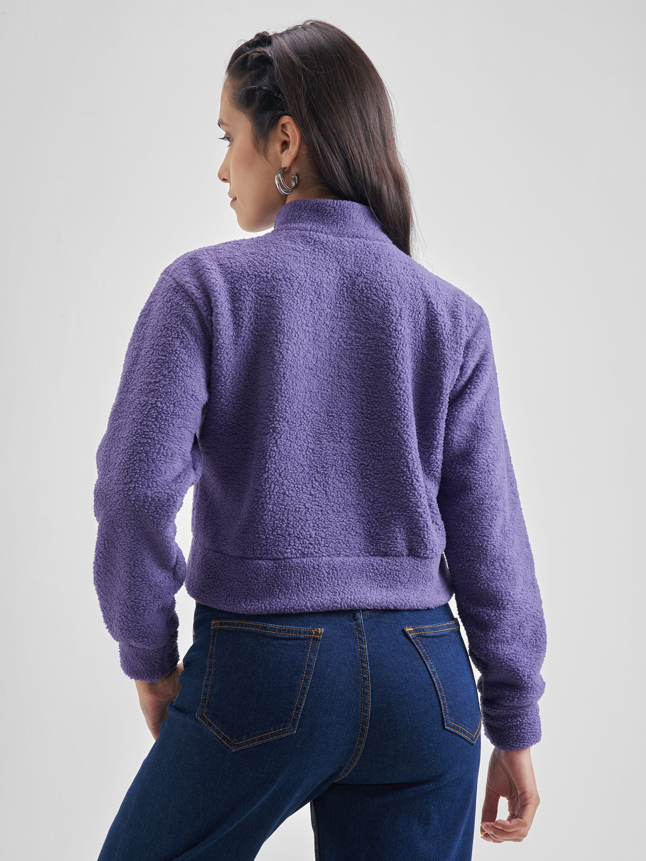 Tokyo Talkies Women Purple Solid Pullover Mock Collar Sweatshirt - Purple - Image 3
