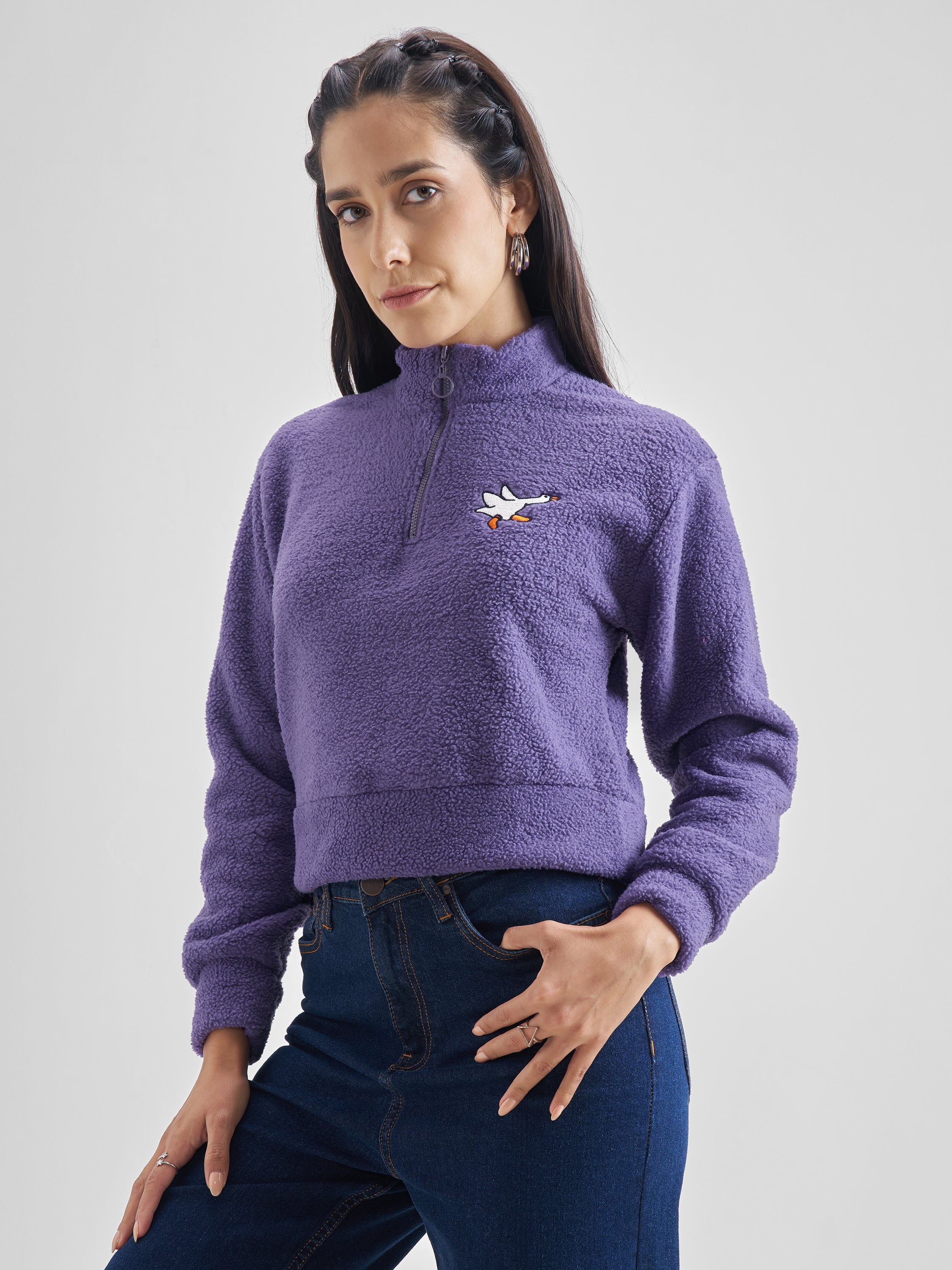 Tokyo Talkies Women Purple Solid Pullover Mock Collar Sweatshirt - Purple - Image 4