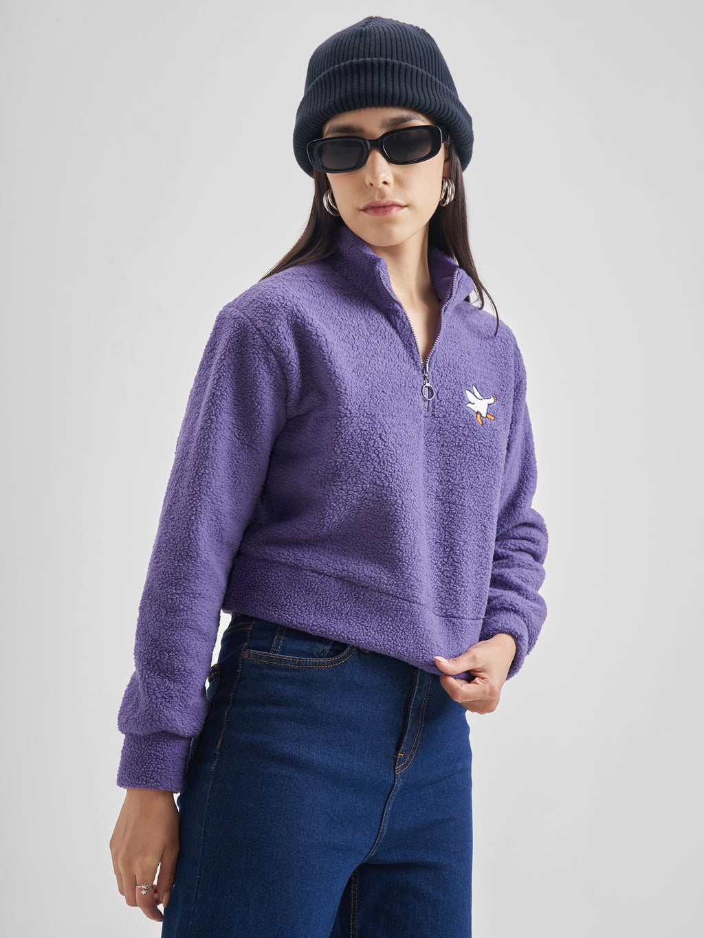 Tokyo Talkies Women Purple Solid Pullover Mock Collar Sweatshirt - Purple - Image 6