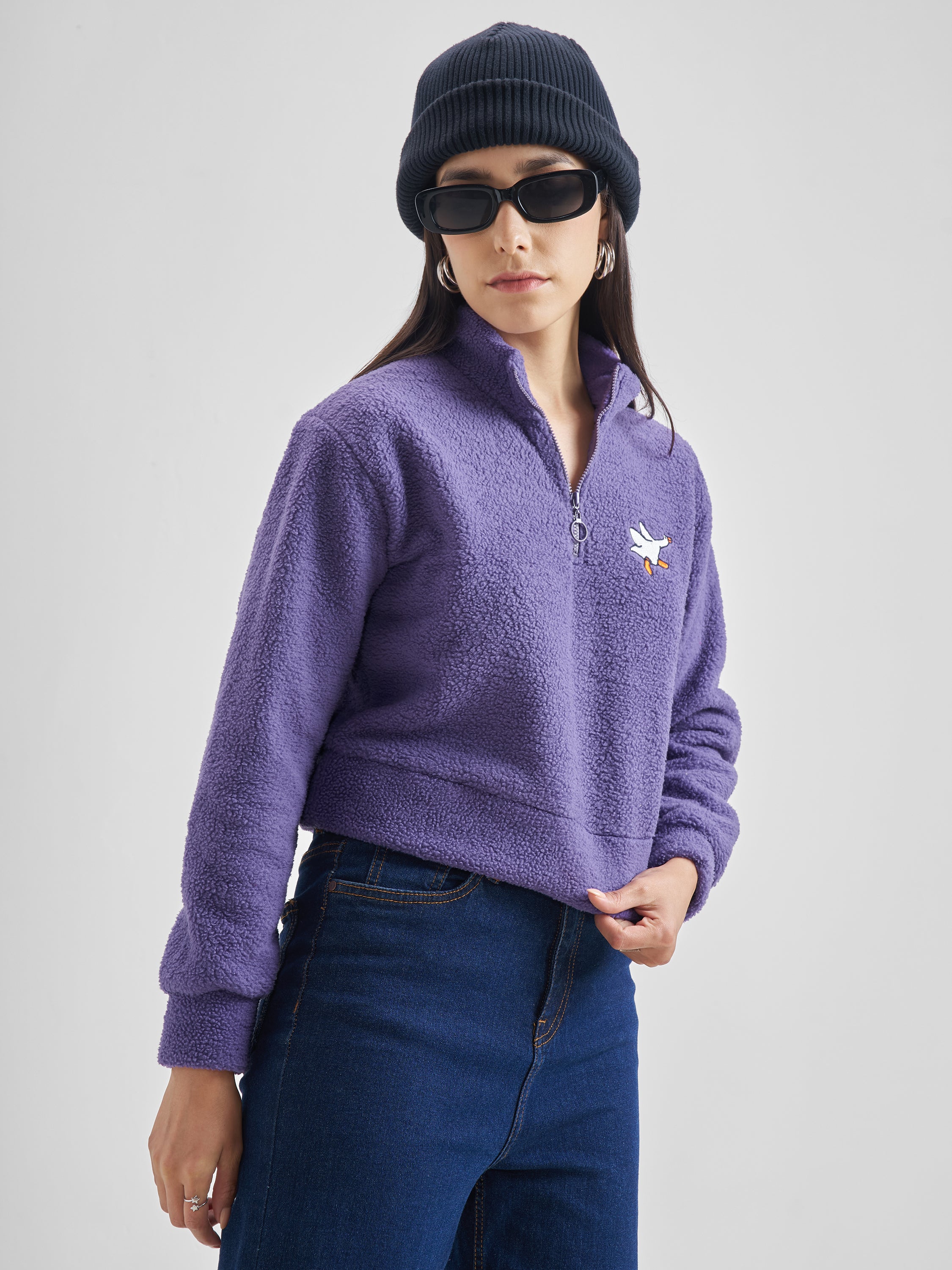 Tokyo Talkies Women Purple Solid Pullover Mock Collar Sweatshirt - Purple - Image 6