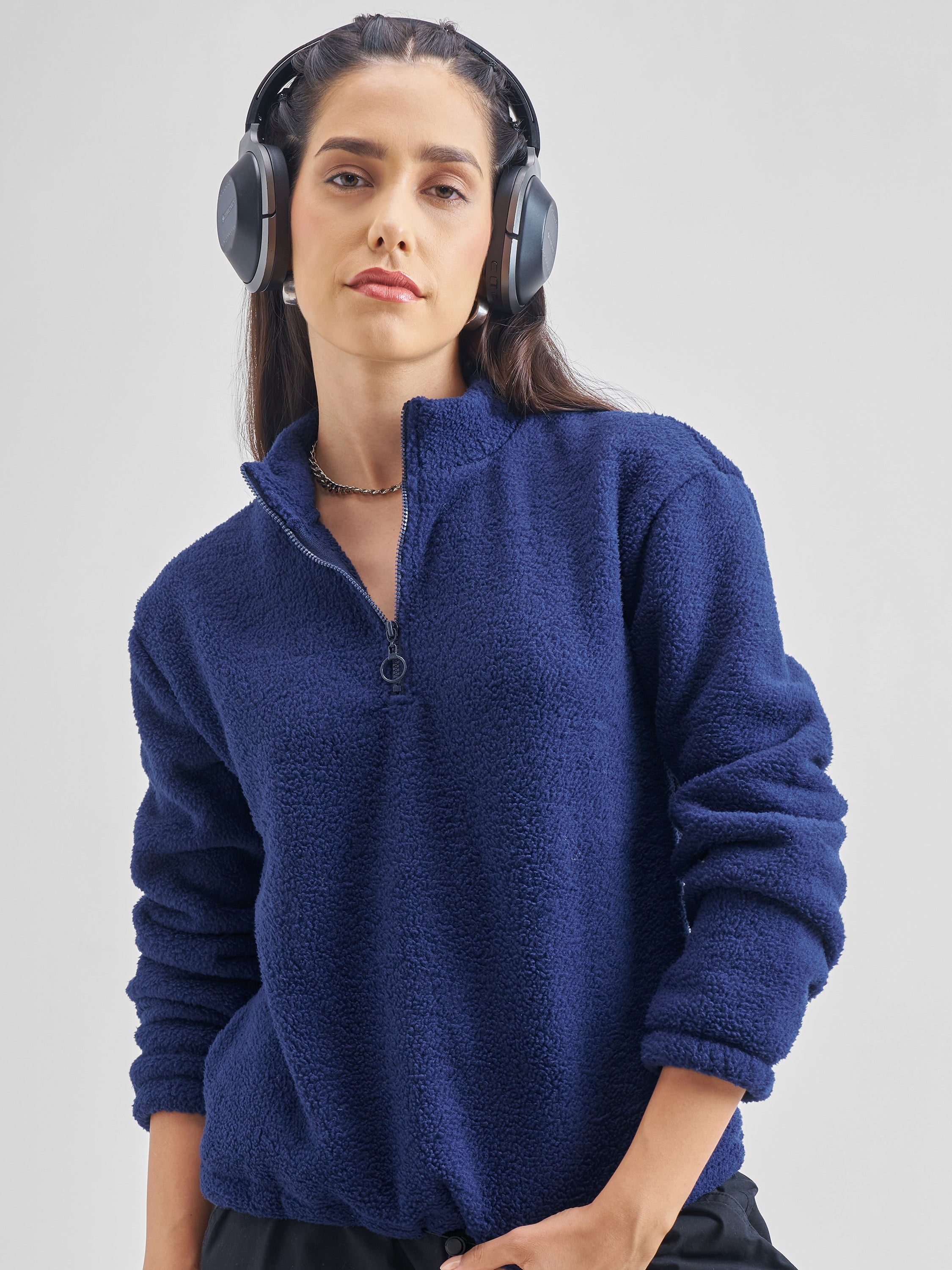 Tokyo Talkies Women Navy Blue Solid Pullover High Neck Sweatshirt - Navy Blue - Image 1