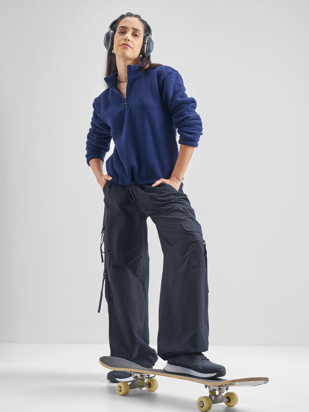 Tokyo Talkies Women Navy Blue Solid Pullover High Neck Sweatshirt - Navy Blue - Image 2