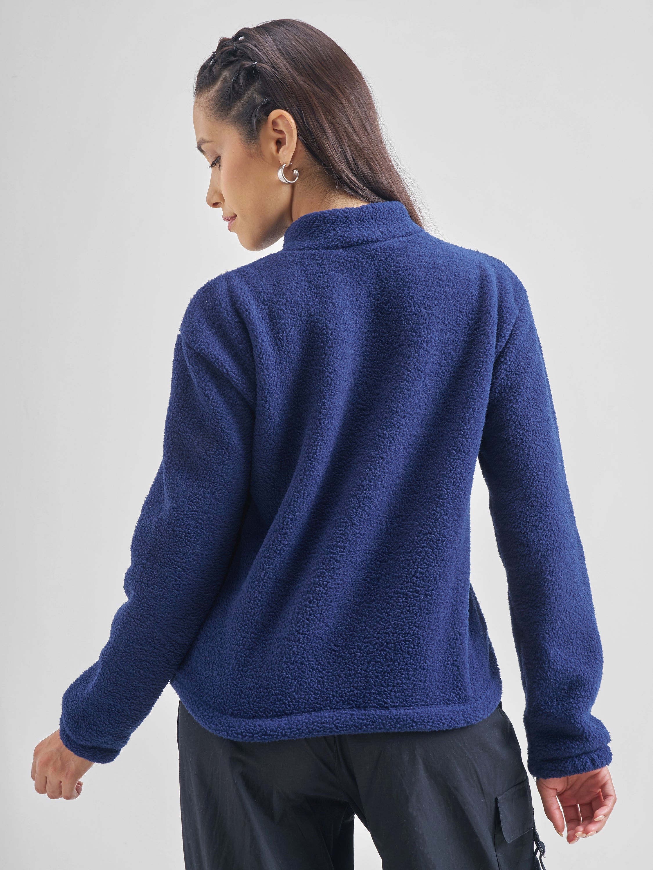 Tokyo Talkies Women Navy Blue Solid Pullover High Neck Sweatshirt - Navy Blue - Image 3