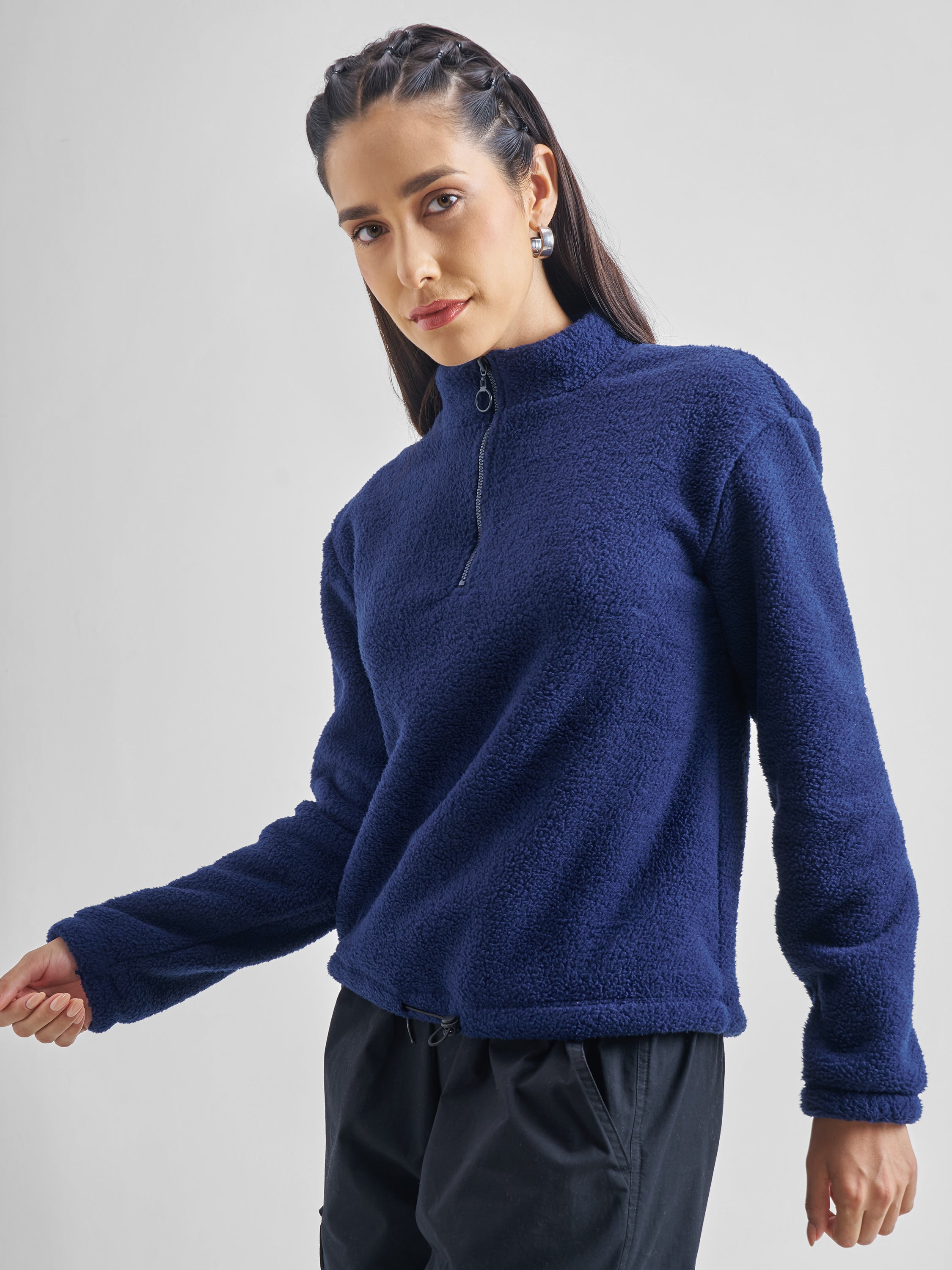 Tokyo Talkies Women Navy Blue Solid Pullover High Neck Sweatshirt - Navy Blue - Image 4