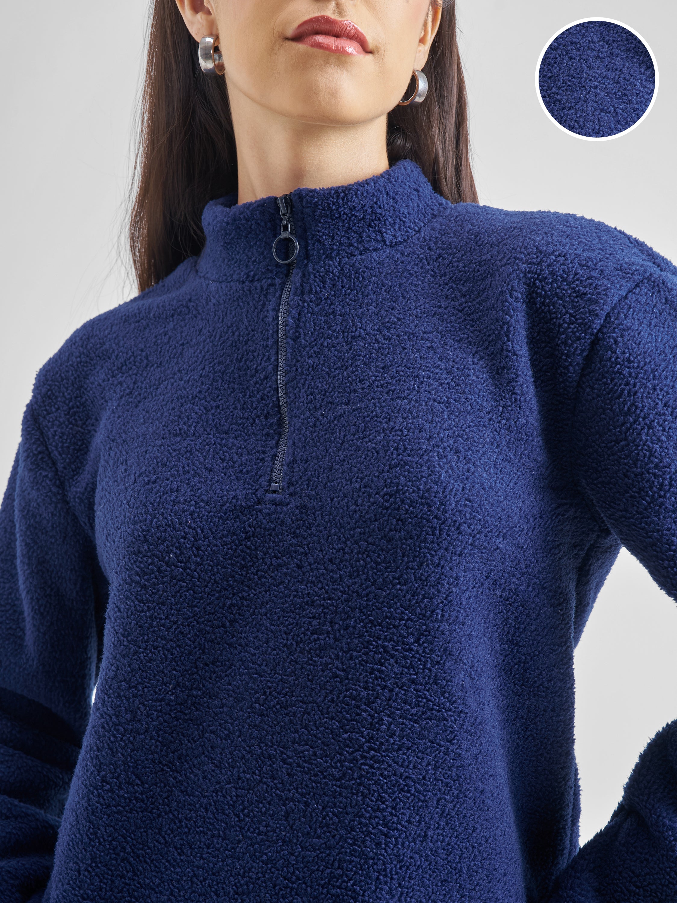 Tokyo Talkies Women Navy Blue Solid Pullover High Neck Sweatshirt - Navy Blue - Image 5