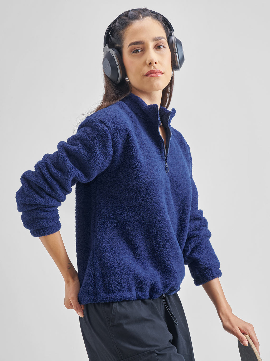 Tokyo Talkies Women Navy Blue Solid Pullover High Neck Sweatshirt - Navy Blue - Image 6