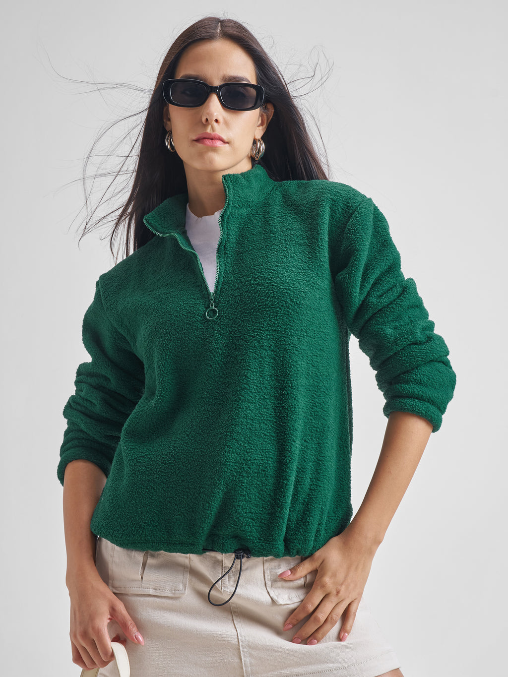 Tokyo Talkies Women Green Solid Pullover High Neck Sweatshirt - Green - Image 1